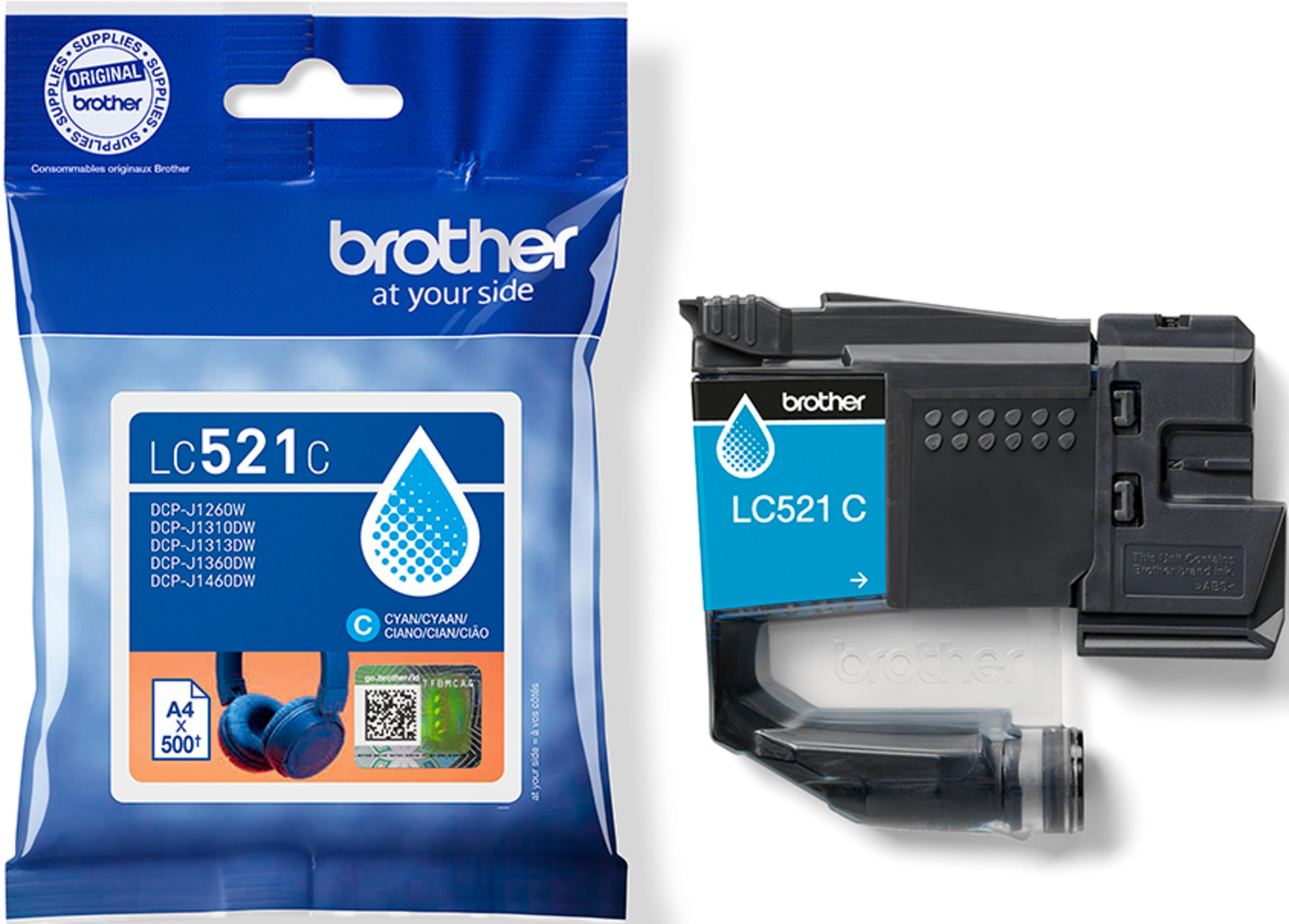 Opakowanie wkładu atramentowego Brother LC521C cyjan i pojedynczy wkład atramentowy.
