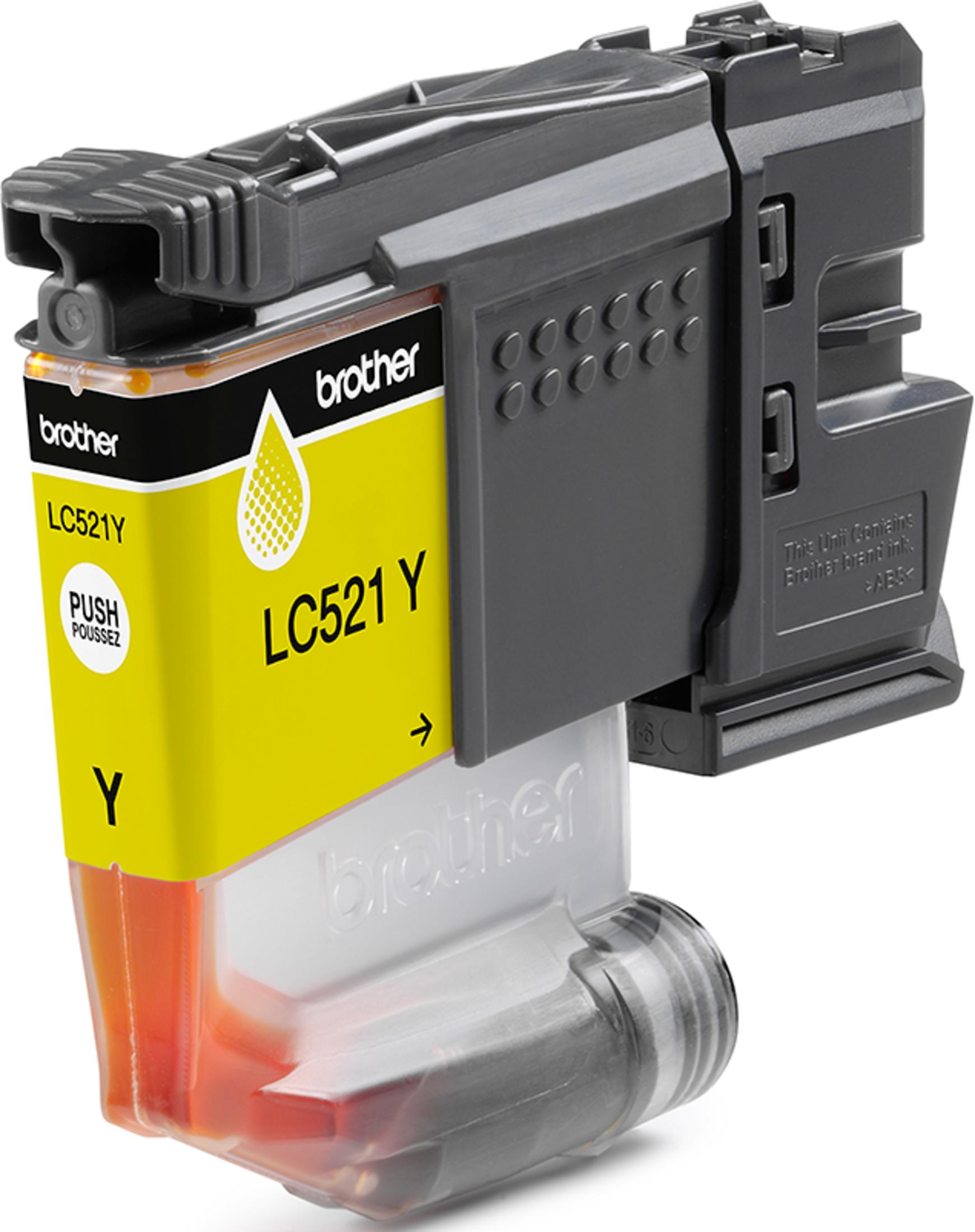 Żółty tusz Brother LC521Y z naklejką "PUSH".