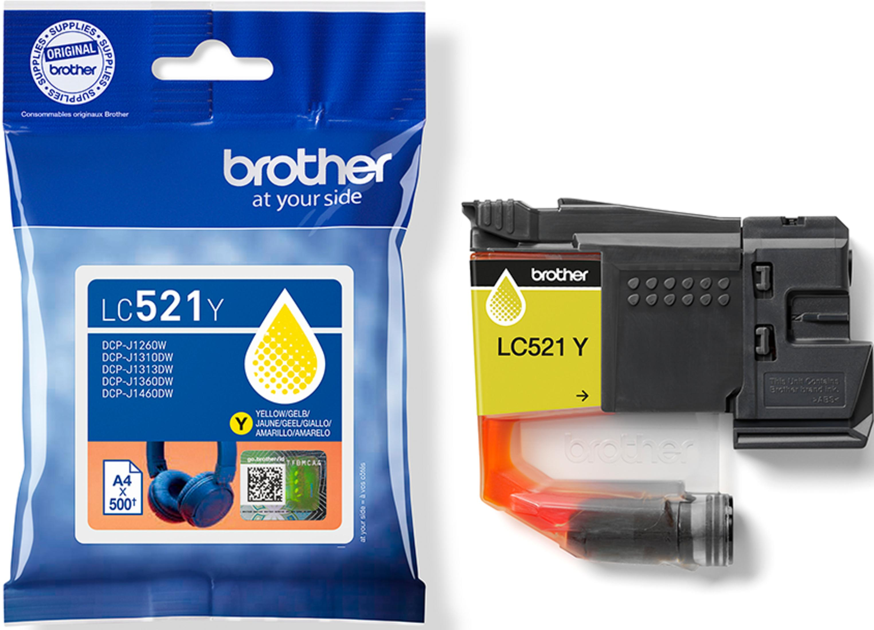Zapakowane i rozpakowane żółte wkłady atramentowe Brother LC521Y.