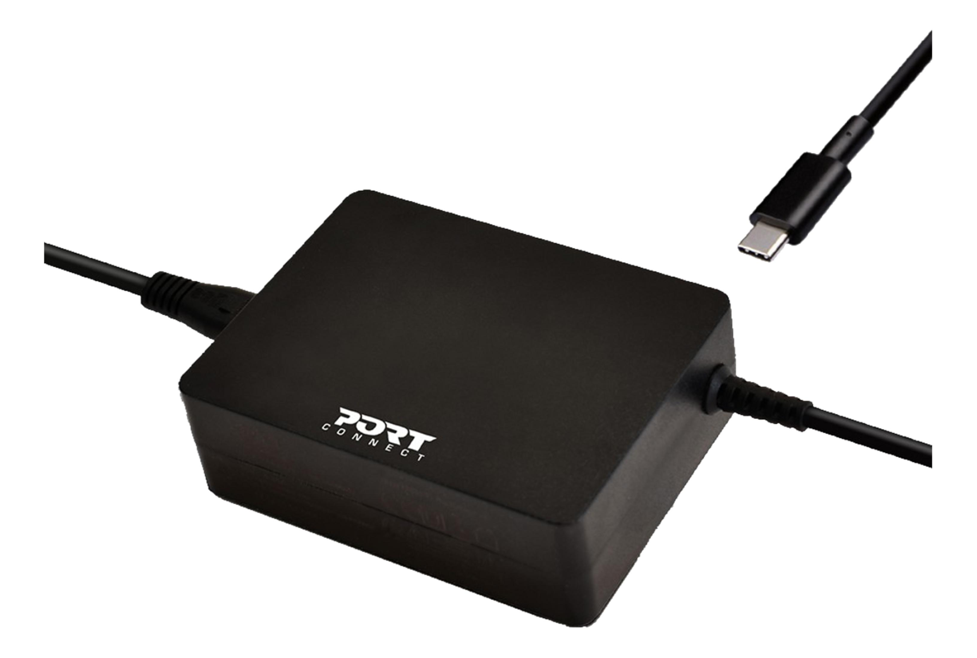 Czarny zasilacz z kablem USB-C, marki PORT CONNECT.