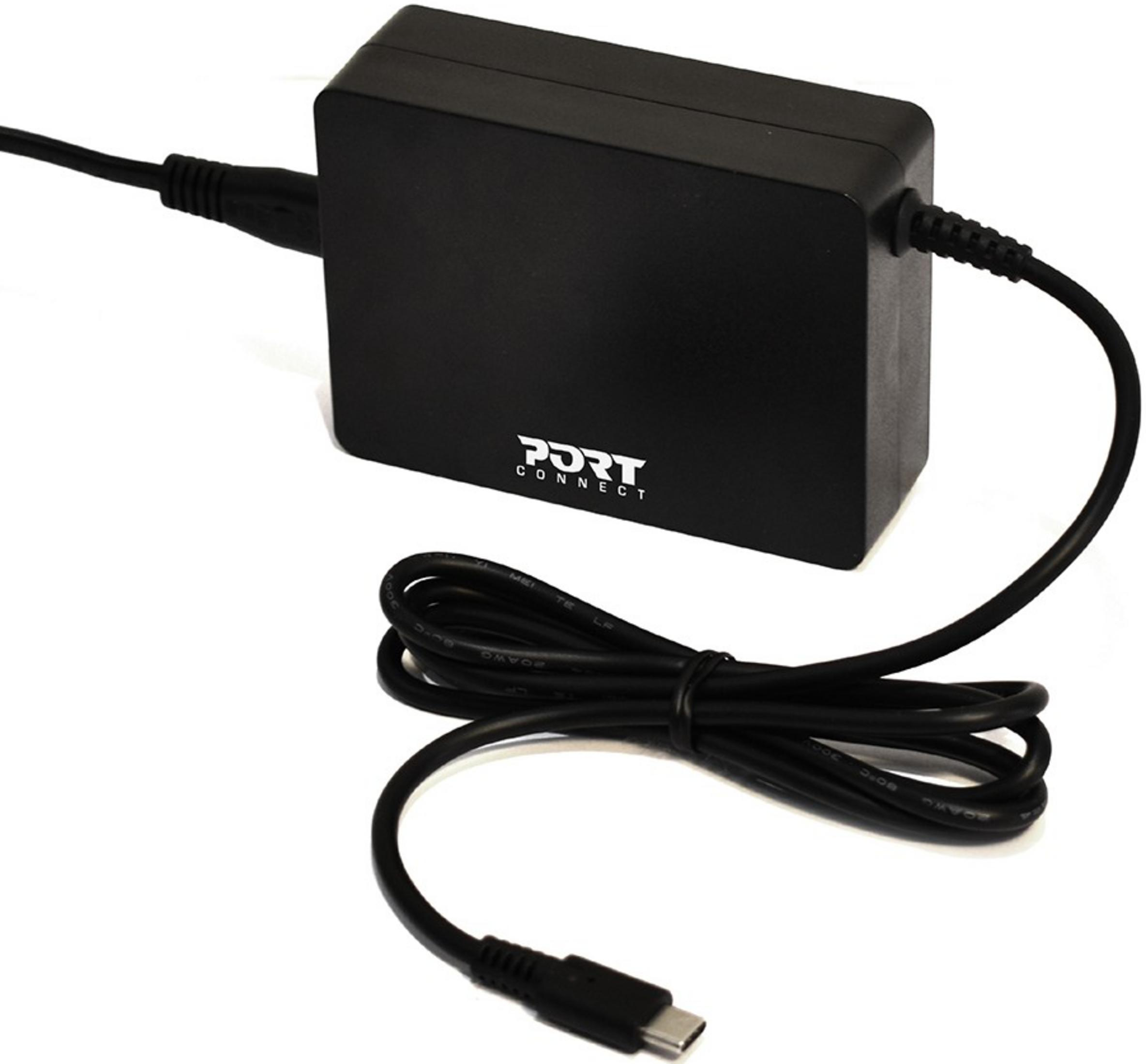 Czarny zasilacz z kablem USB-C i logo PORT CONNECT.