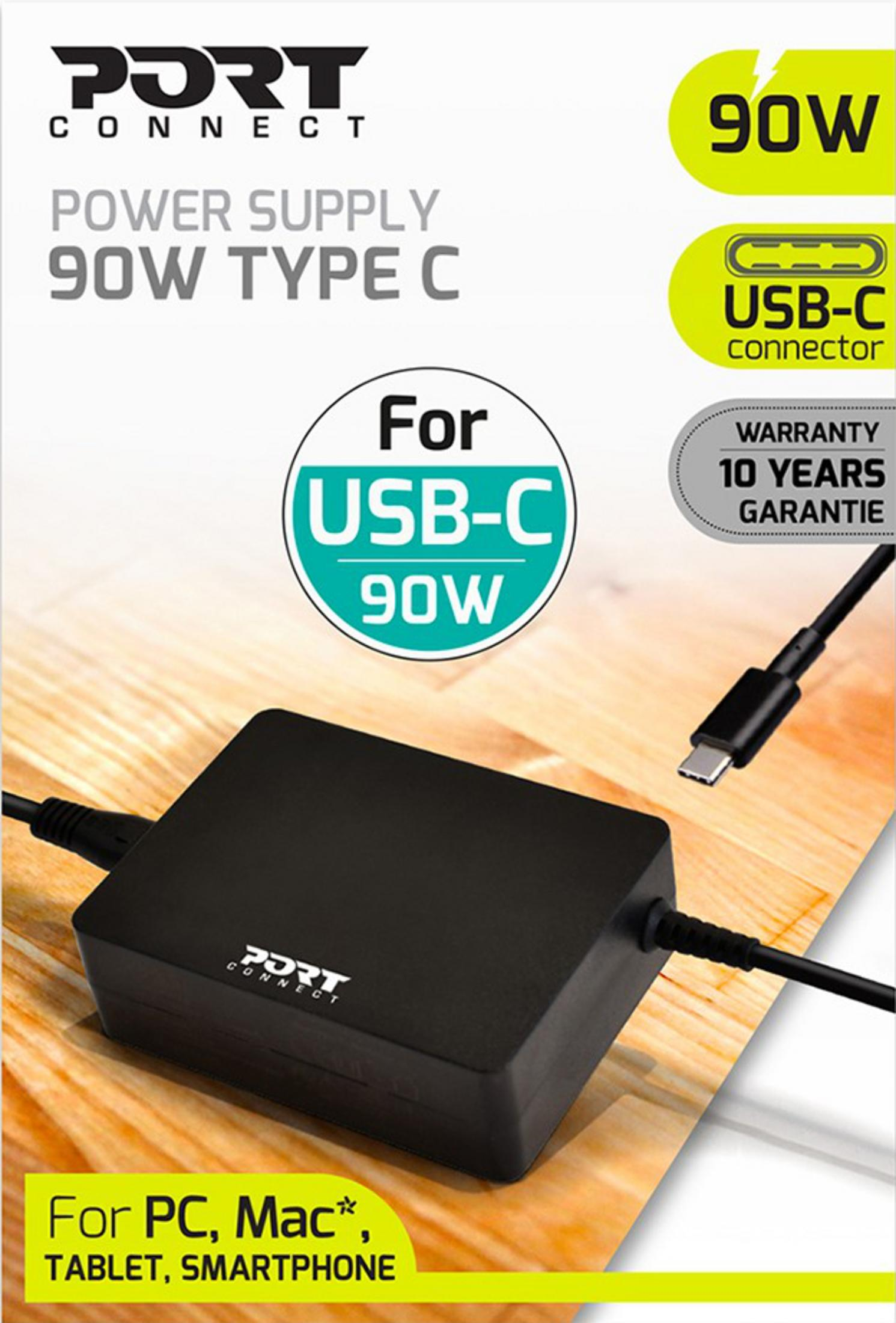 Czarny zasilacz z kablem USB-C, 90W, do PC, Mac, tabletu, smartfona.