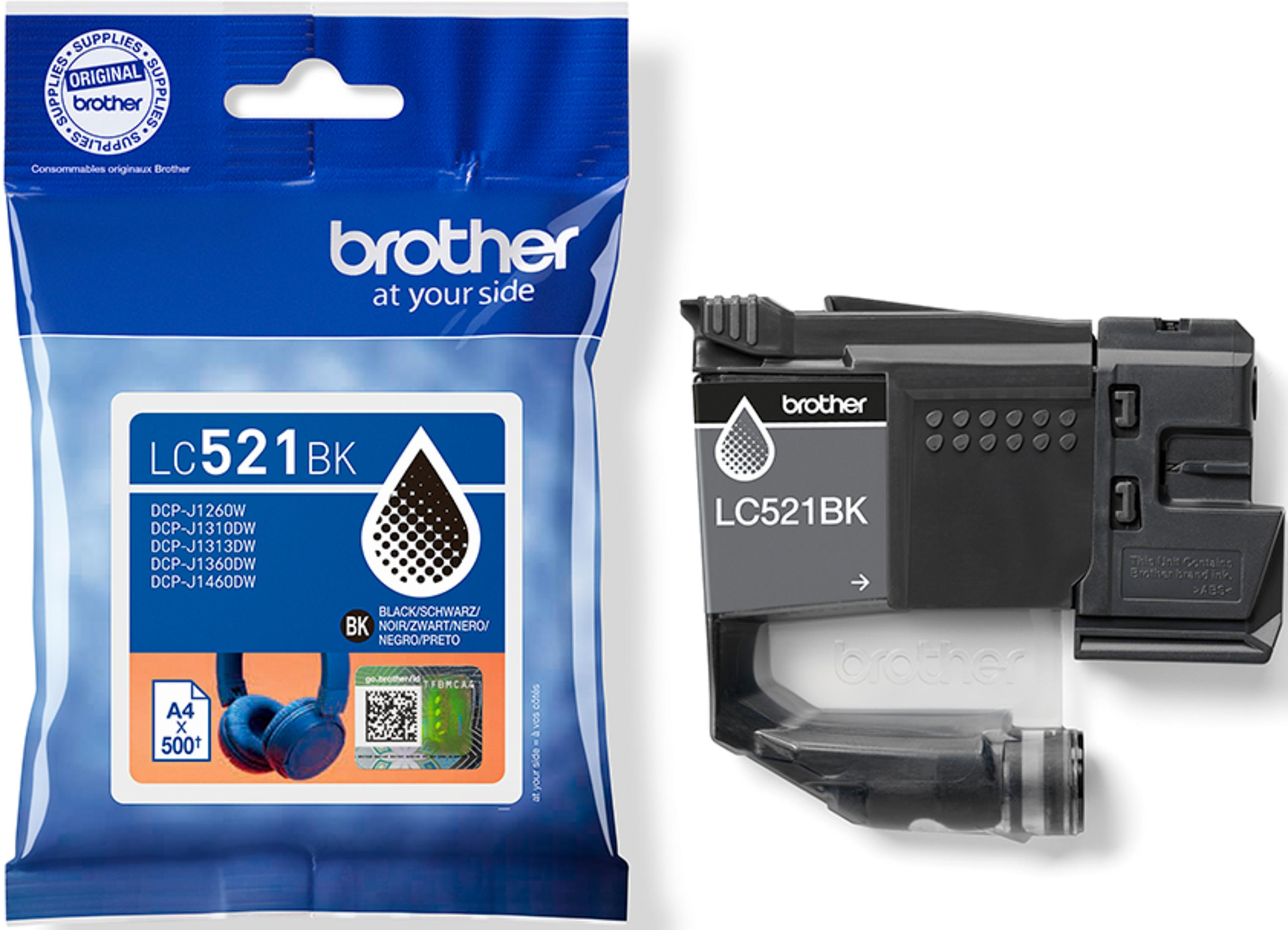 Opakowanie wkładu atramentowego Brother LC521BK i pojedynczy czarny wkład.