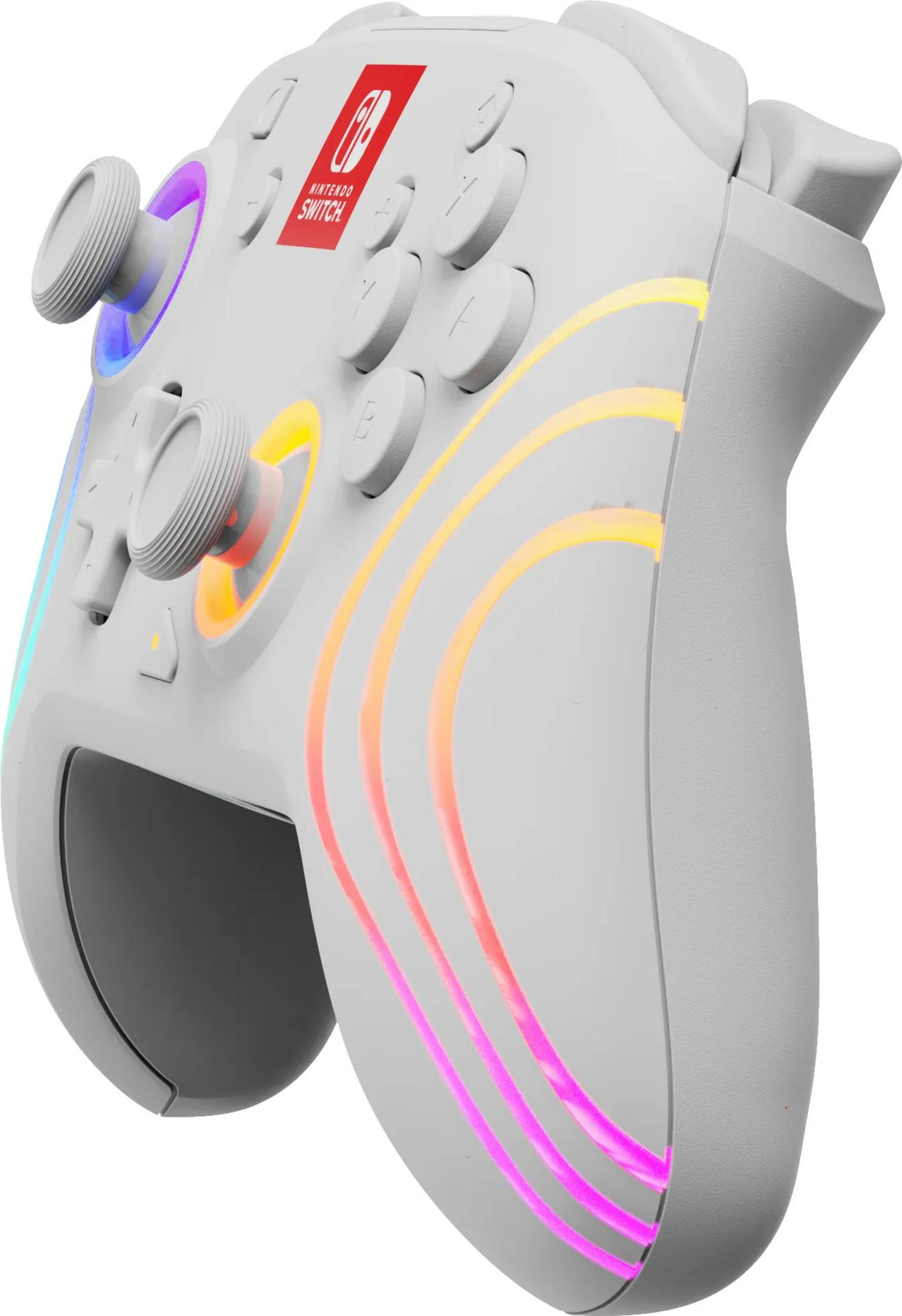 Ein weißer Nintendo Switch Controller mit bunten Lichtern und roten Logo.