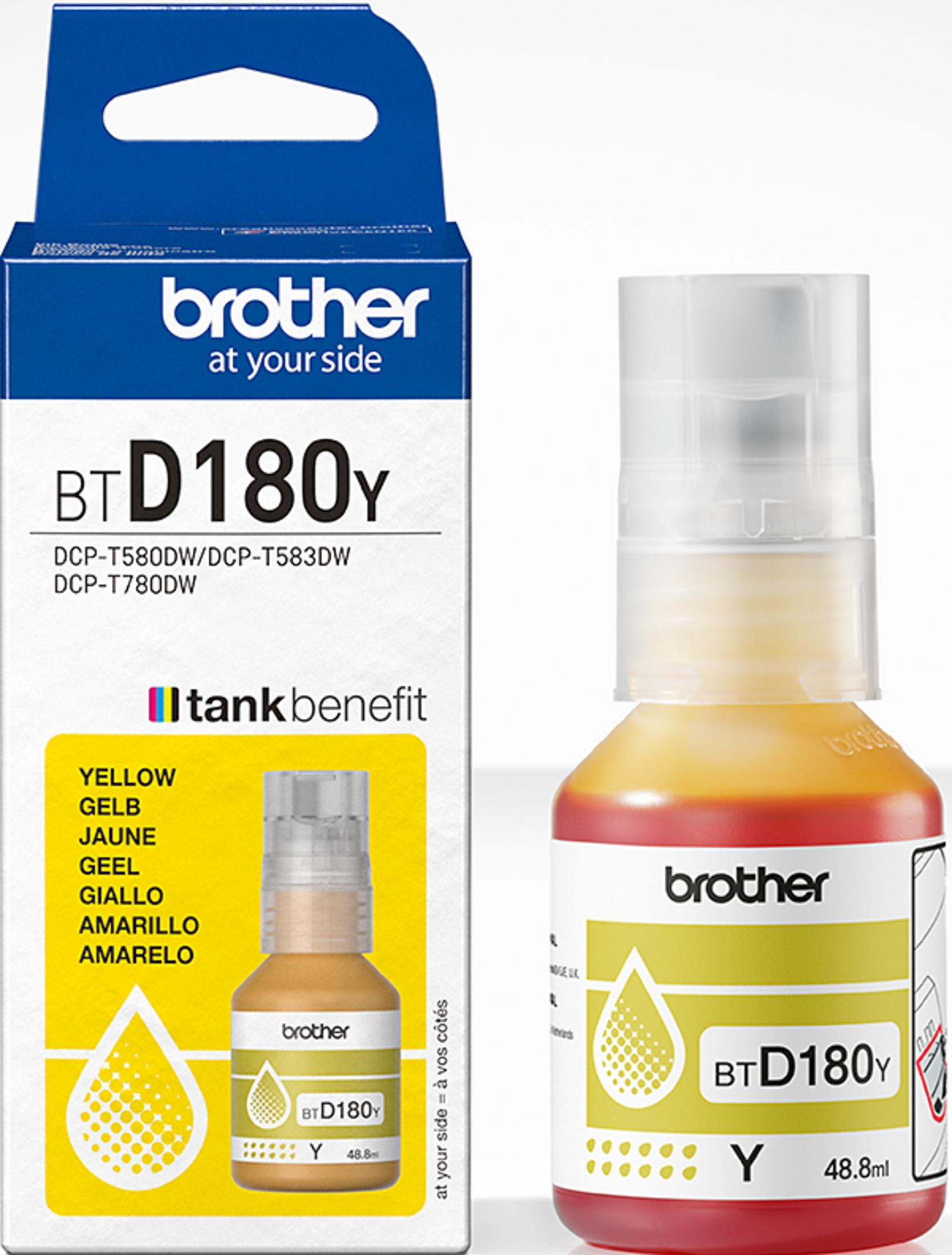 Żółta butelka z tuszem Brother BT D180Y i obok pudełko.