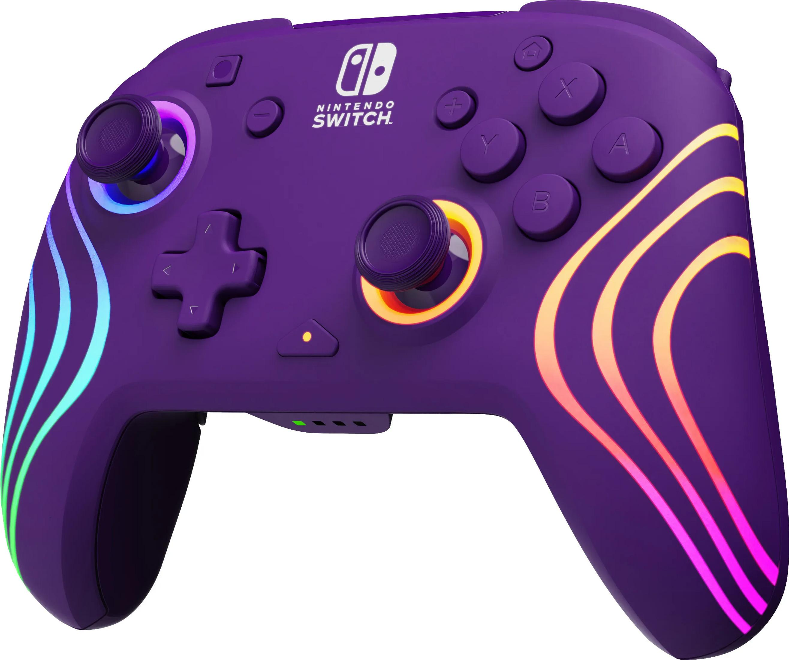 Lila Nintendo Switch Controller mit bunten Lichtern und Tasten.