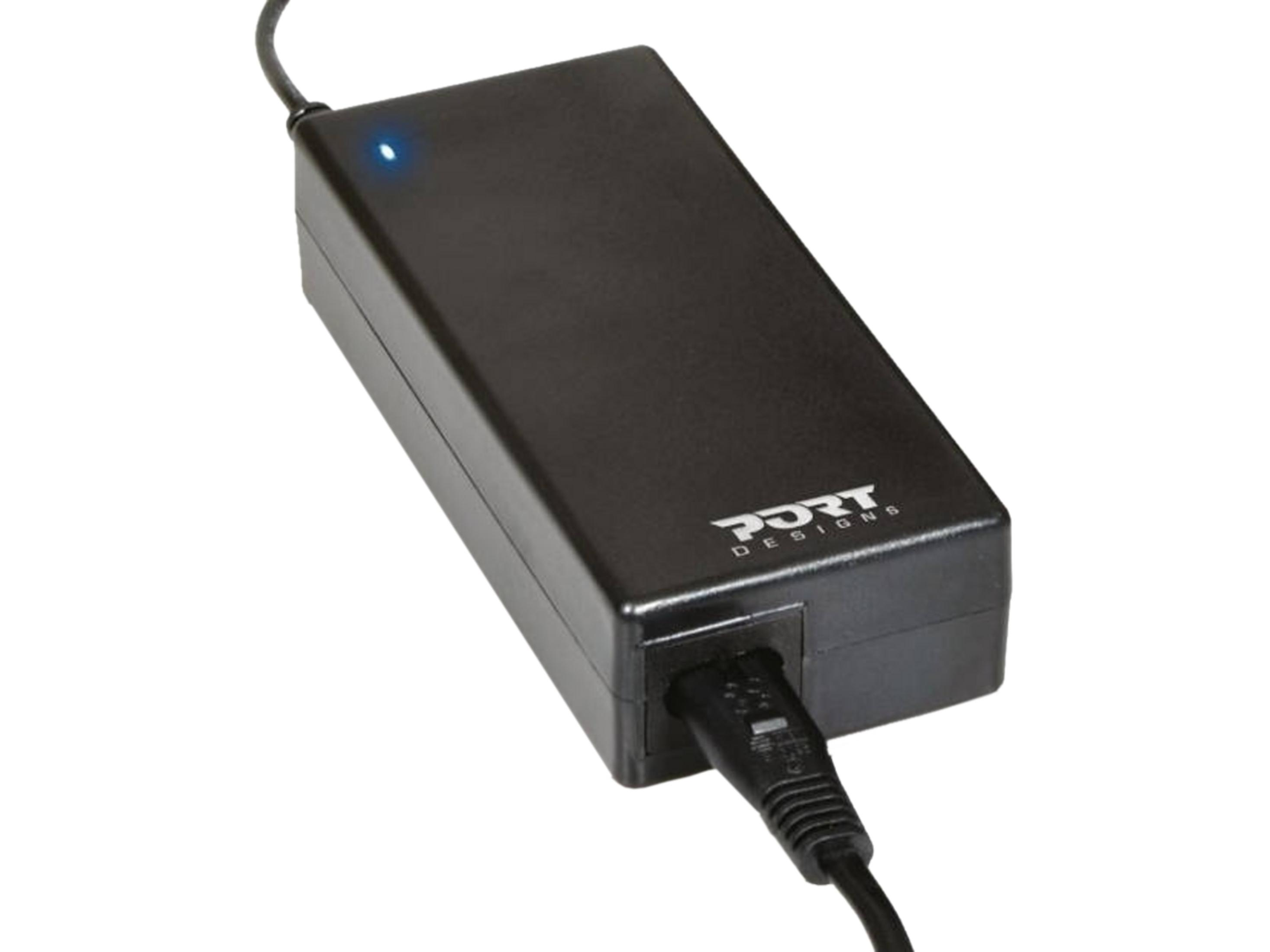 Czarny zasilacz z niebieską diodą i kablem.