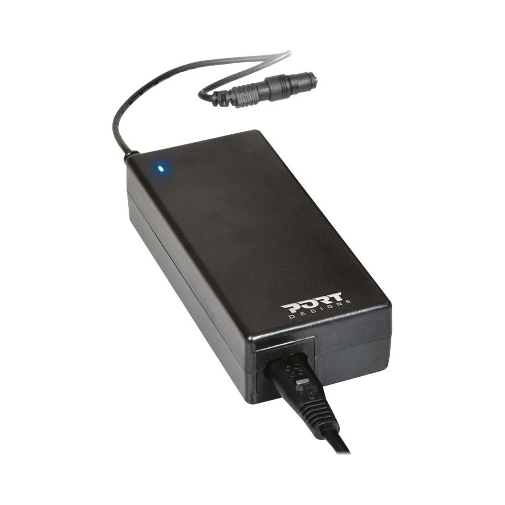 Czarny zasilacz z jednym podłączonym kablem i drugim wystającym kablem.