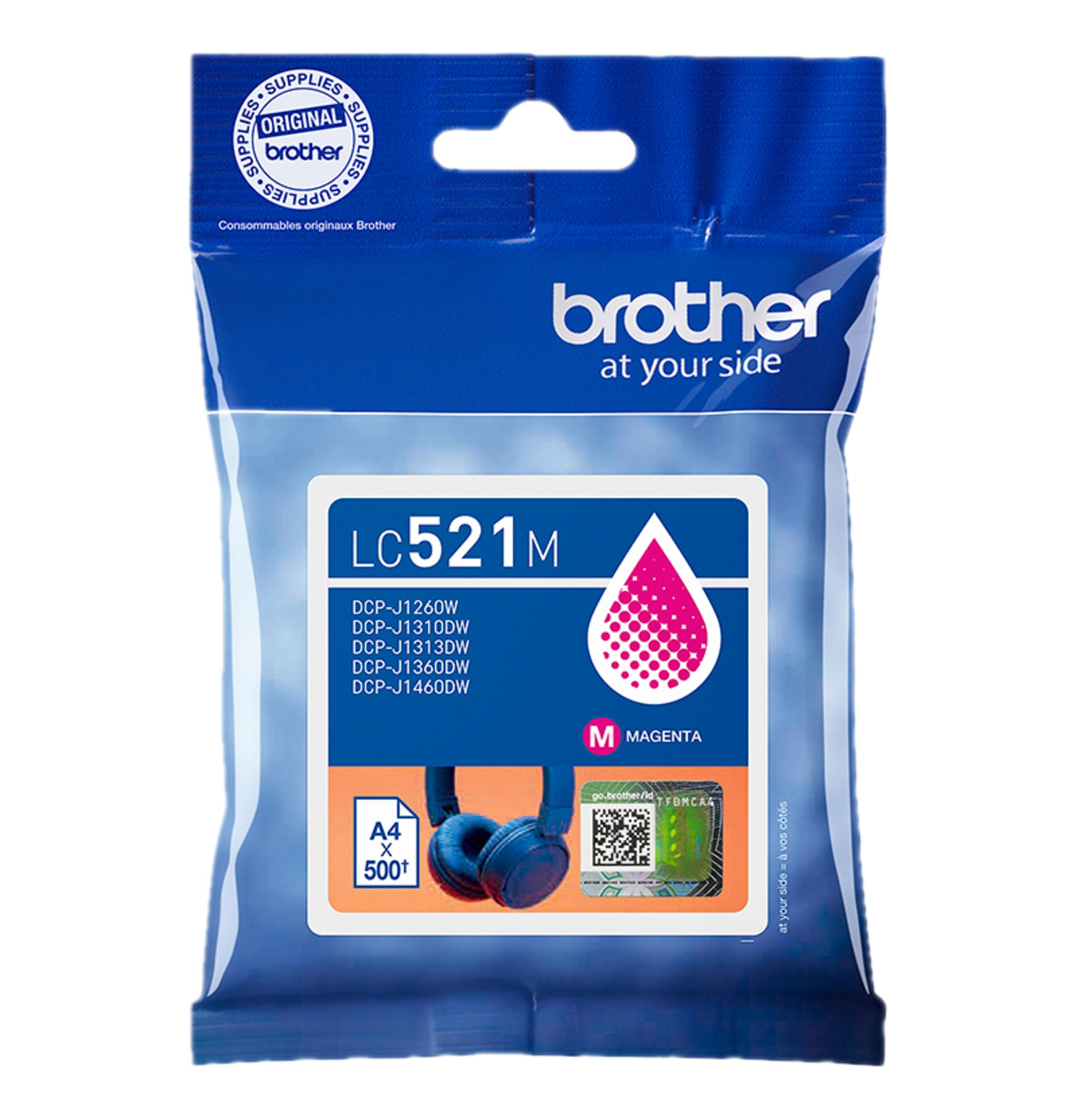 Opakowanie tuszu Brother LC521M Magenta ze słuchawkami i kodem QR.