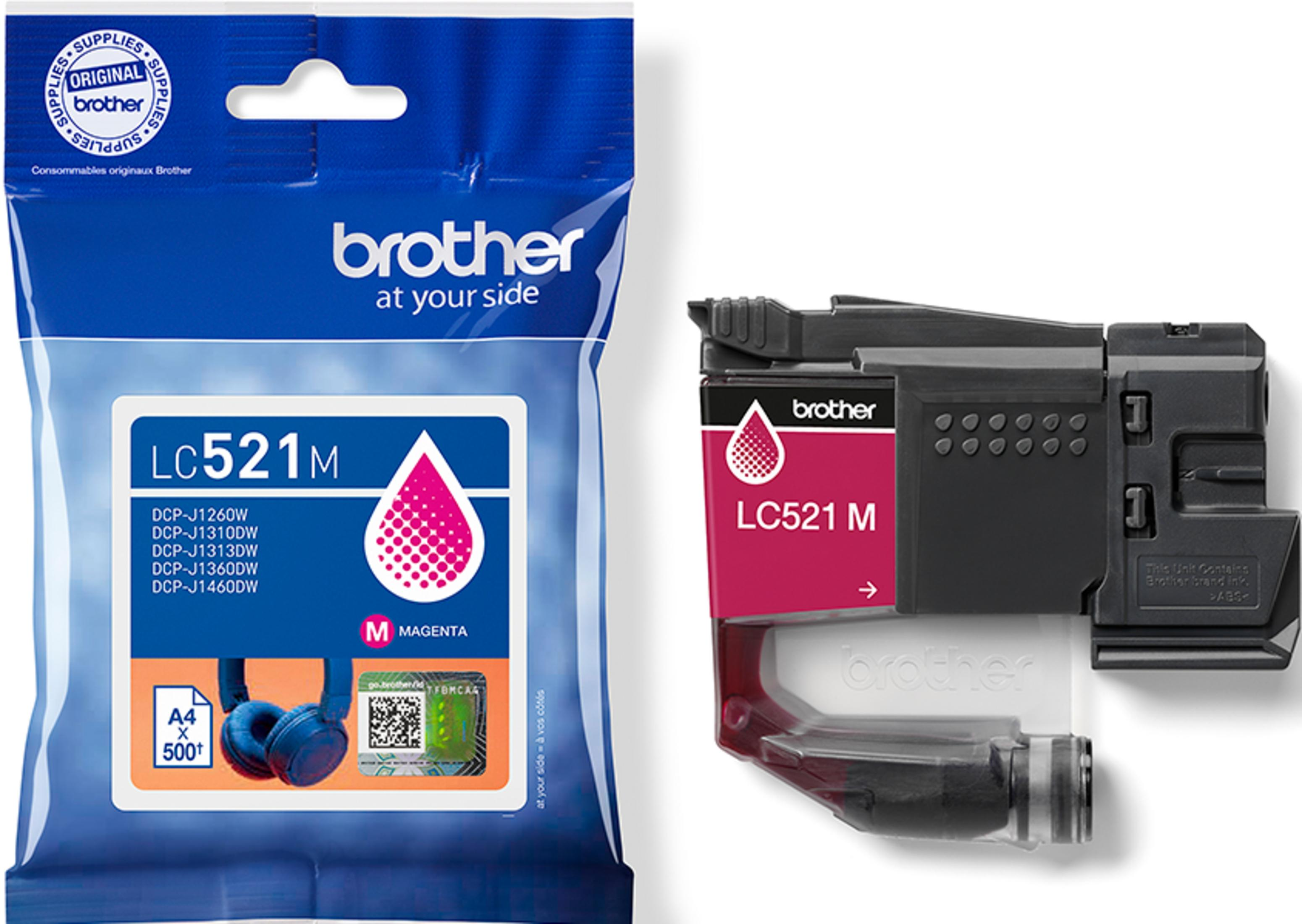 Opakowanie wkładów atramentowych Brother LC521M magenta i pojedynczy wkład.