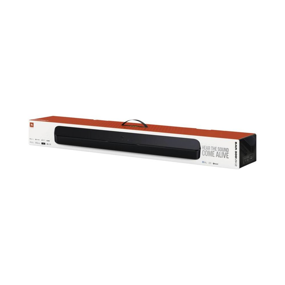 Schwarzer JBL Soundbar-Lautsprecher in einer weißen und orangen Verpackung mit Griff.