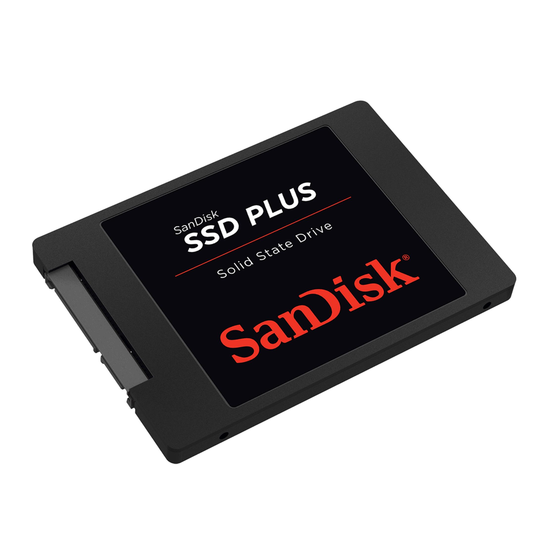 Czarny dysk SanDisk SSD Plus z czerwonym logo na białym tle.