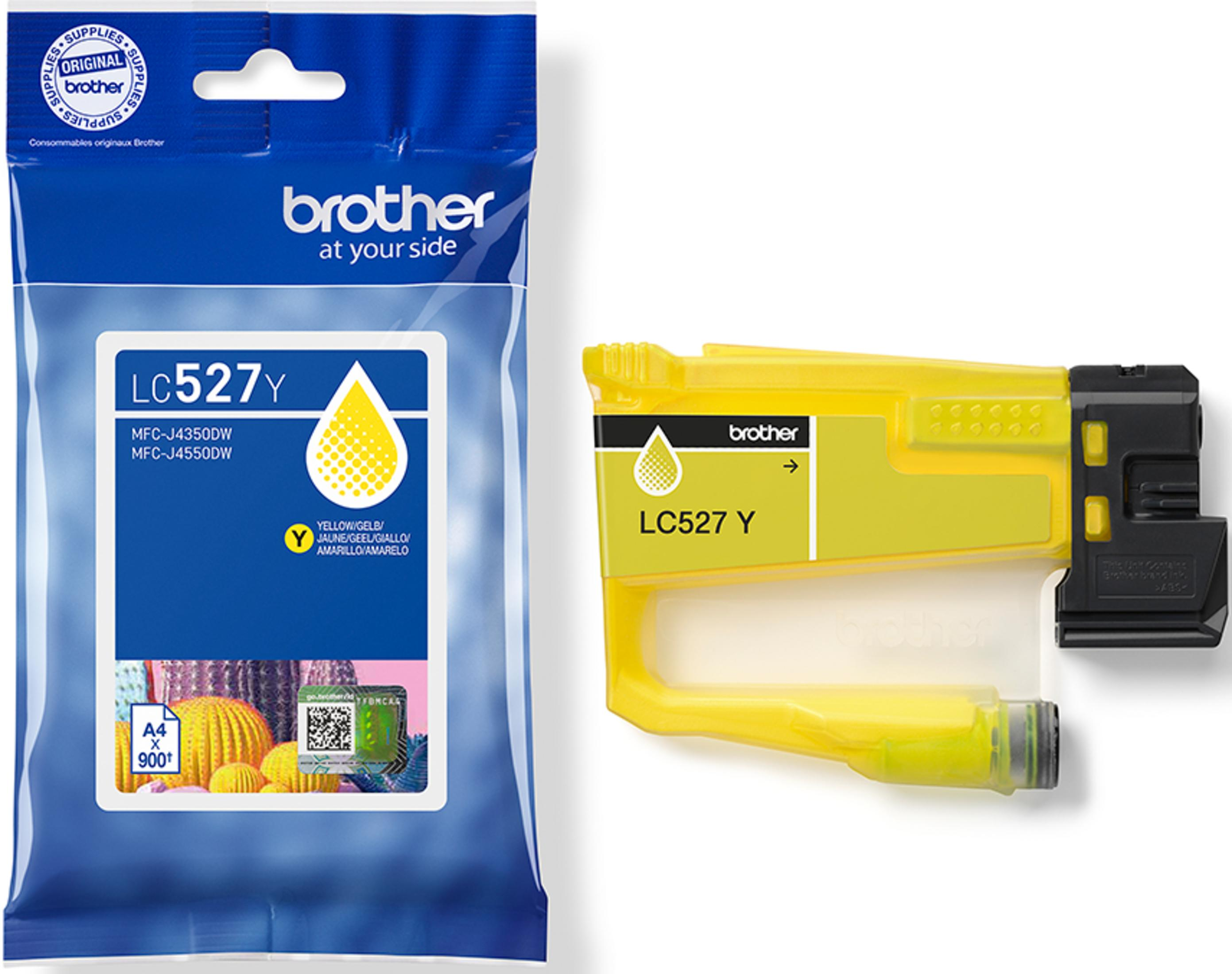Gele Brother LC527Y inktcartridge en verpakking met cactussen.