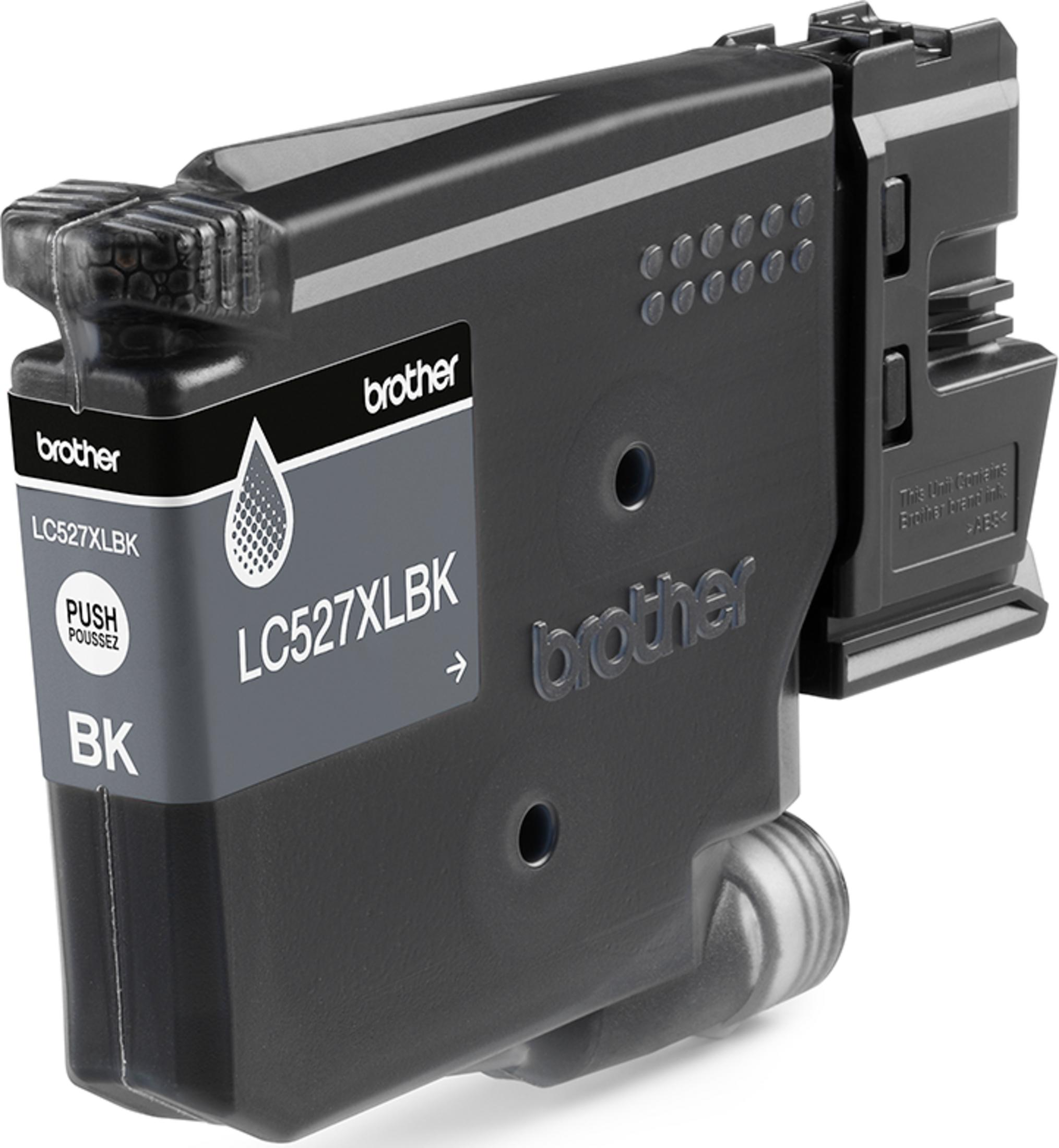 Czarny tusz Brother LC527XLBK z etykietami. Widok z boku.