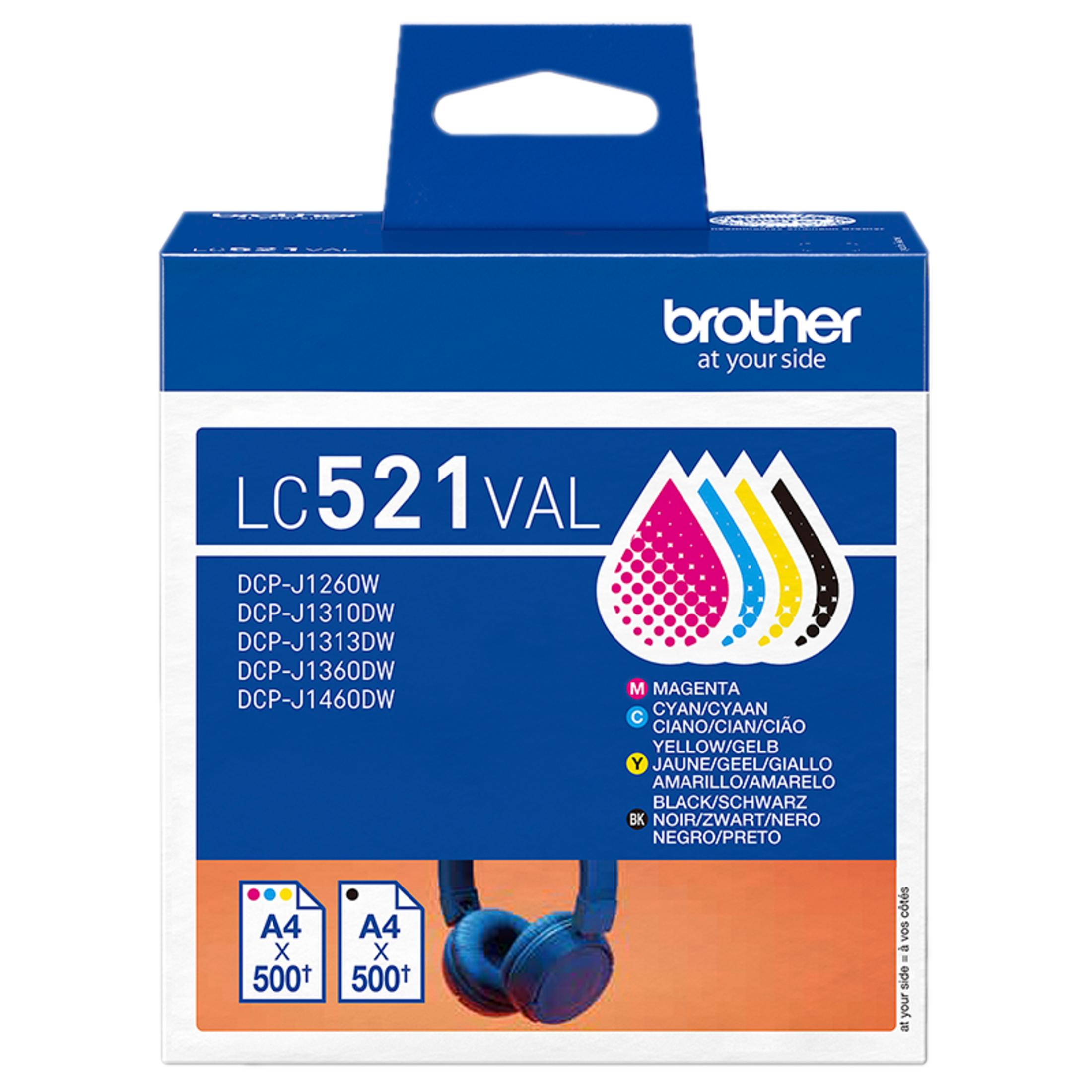Opakowanie wkładów atramentowych Brother LC521VAL z modelami drukarek i kolorami.