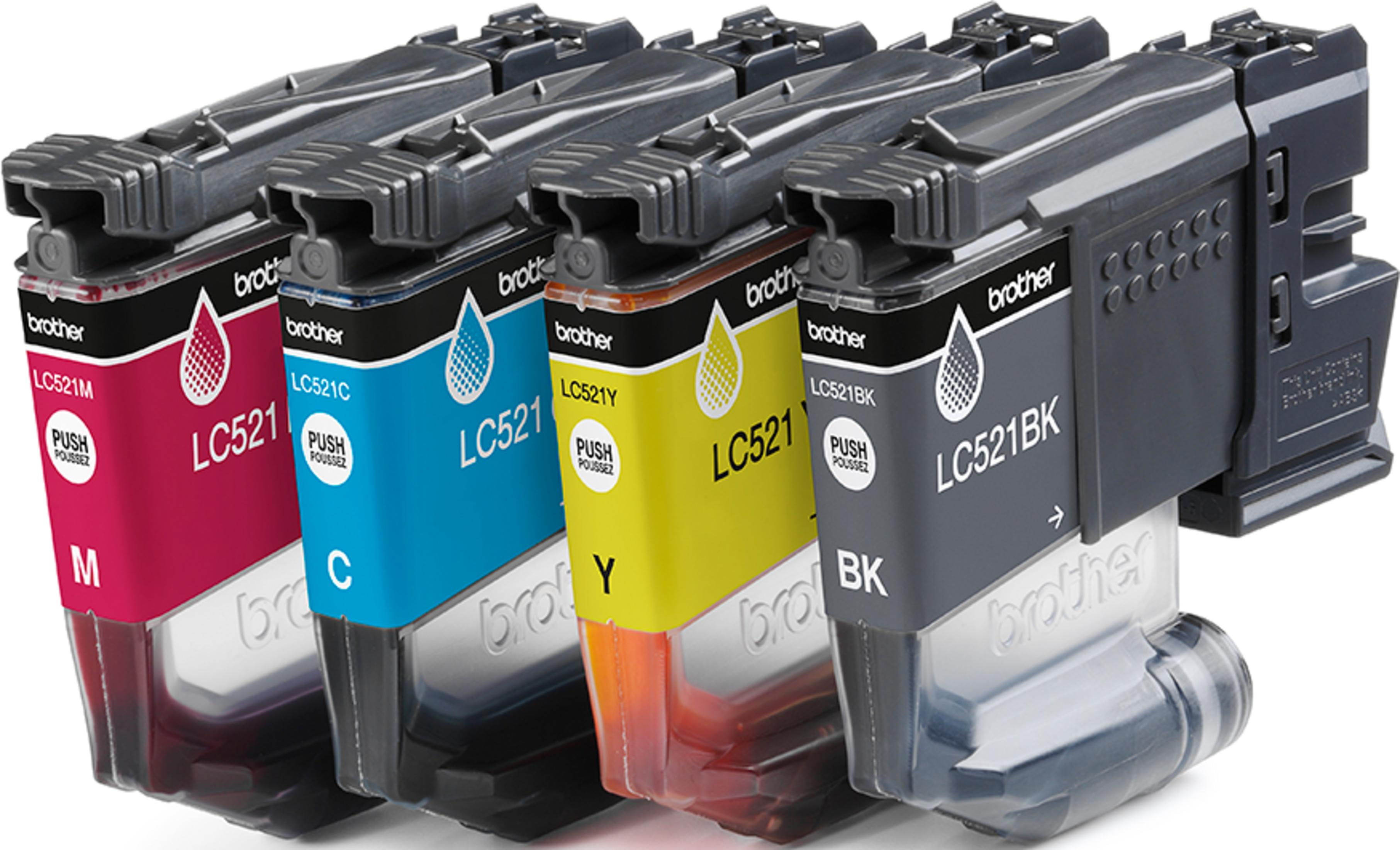 Pięć wkładów atramentowych Brother LC521: magenta, cyjan, żółty, czarny i kolejny czarny.