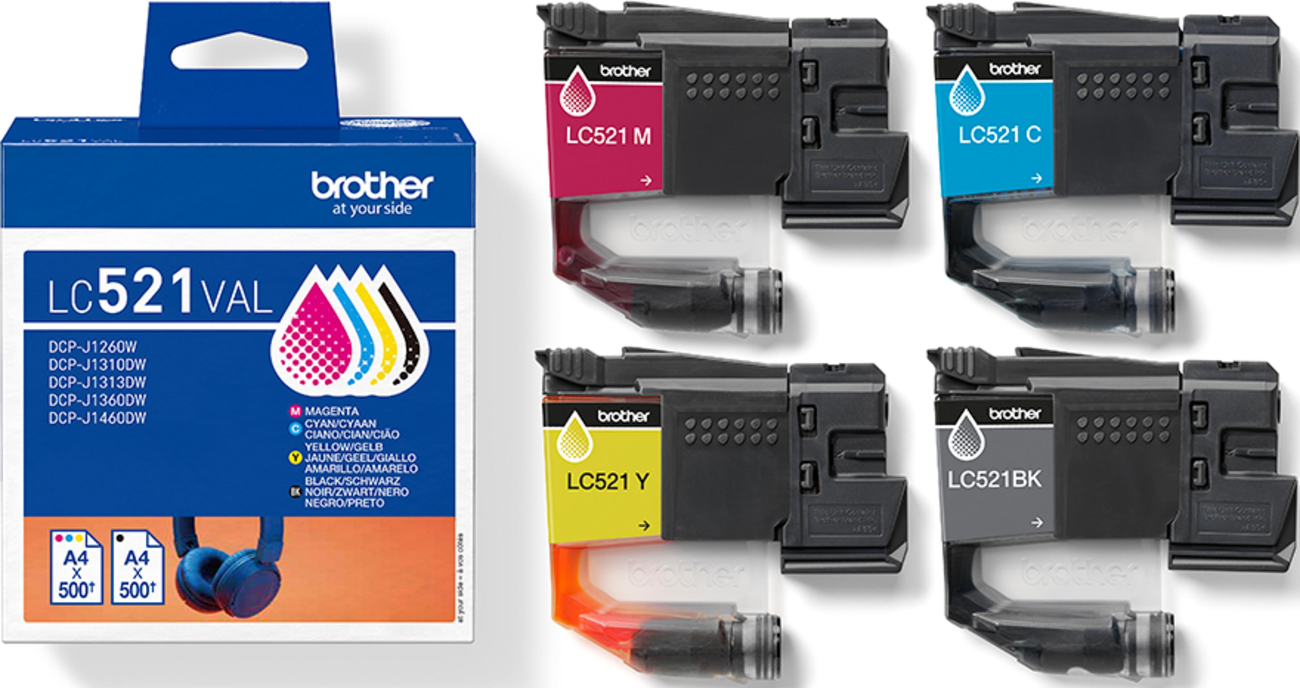 Zestaw wkładów atramentowych Brother LC521 z pudełkiem i czterema wkładami: Magenta, Cyan, Żółty, Czarny.
