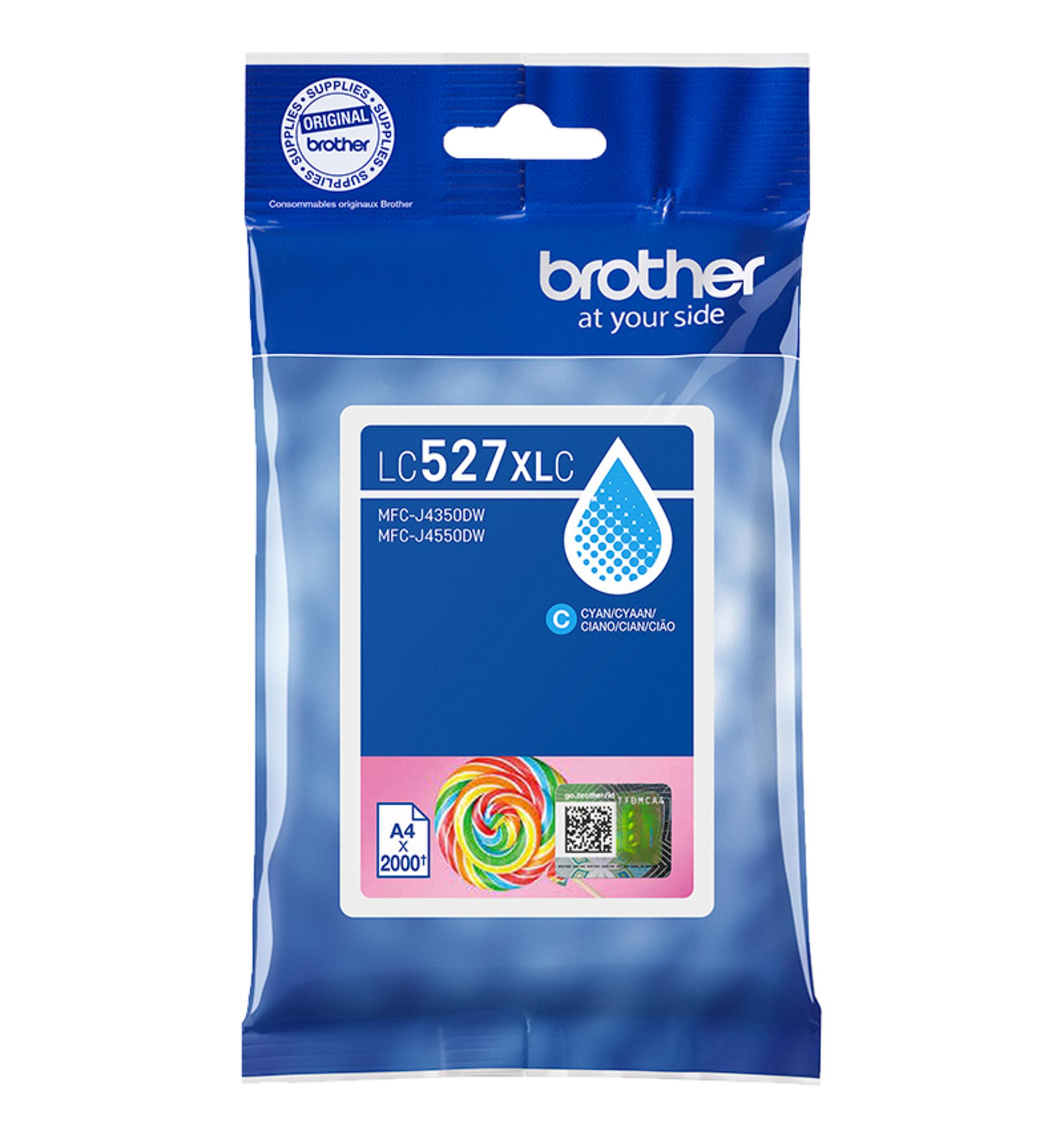 Tusz Brother LC527XLC Cyan w niebieskim opakowaniu z obrazkiem lizaka.