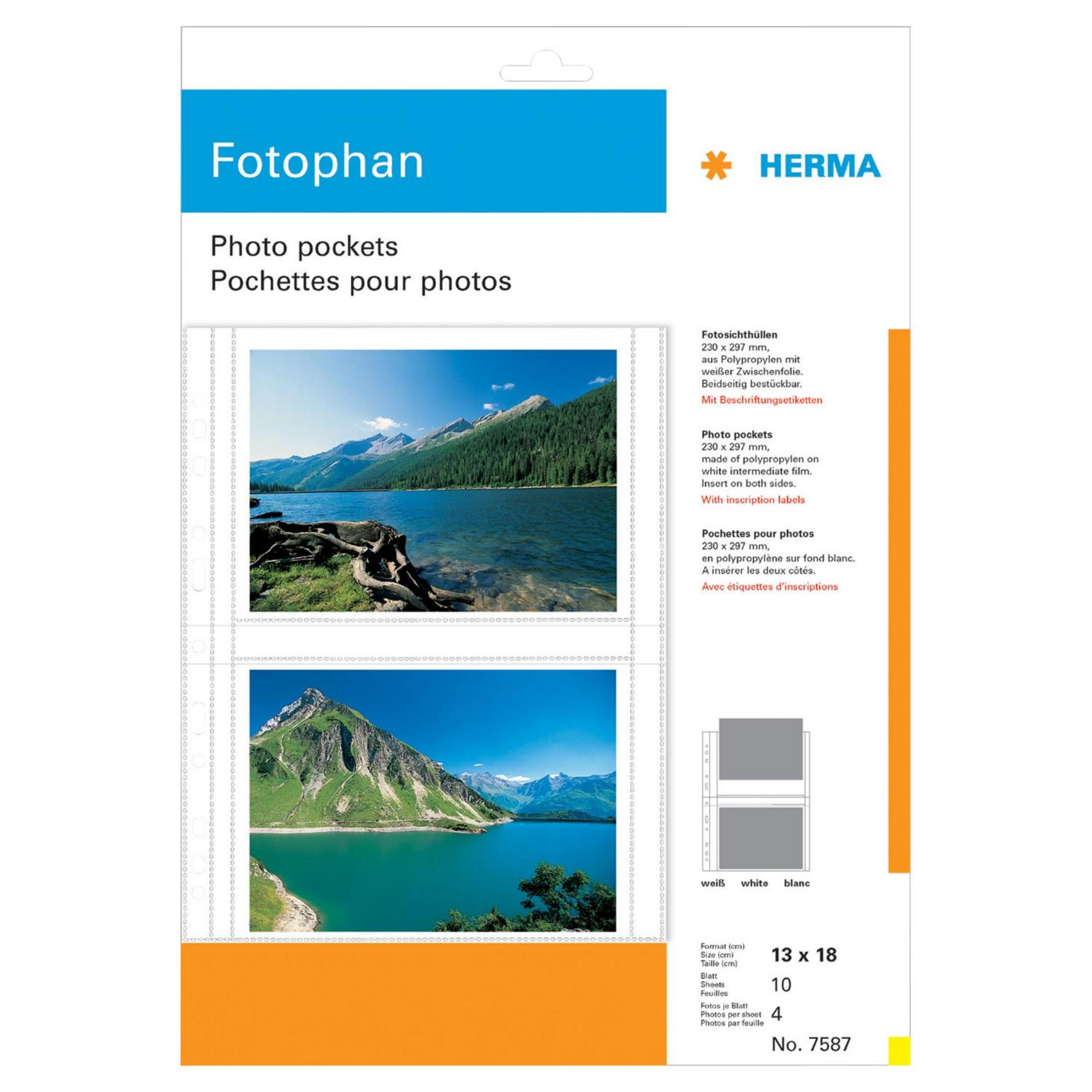 Verpackung für Fototaschen mit Landschaftsfotos, Text und Produktinformationen.