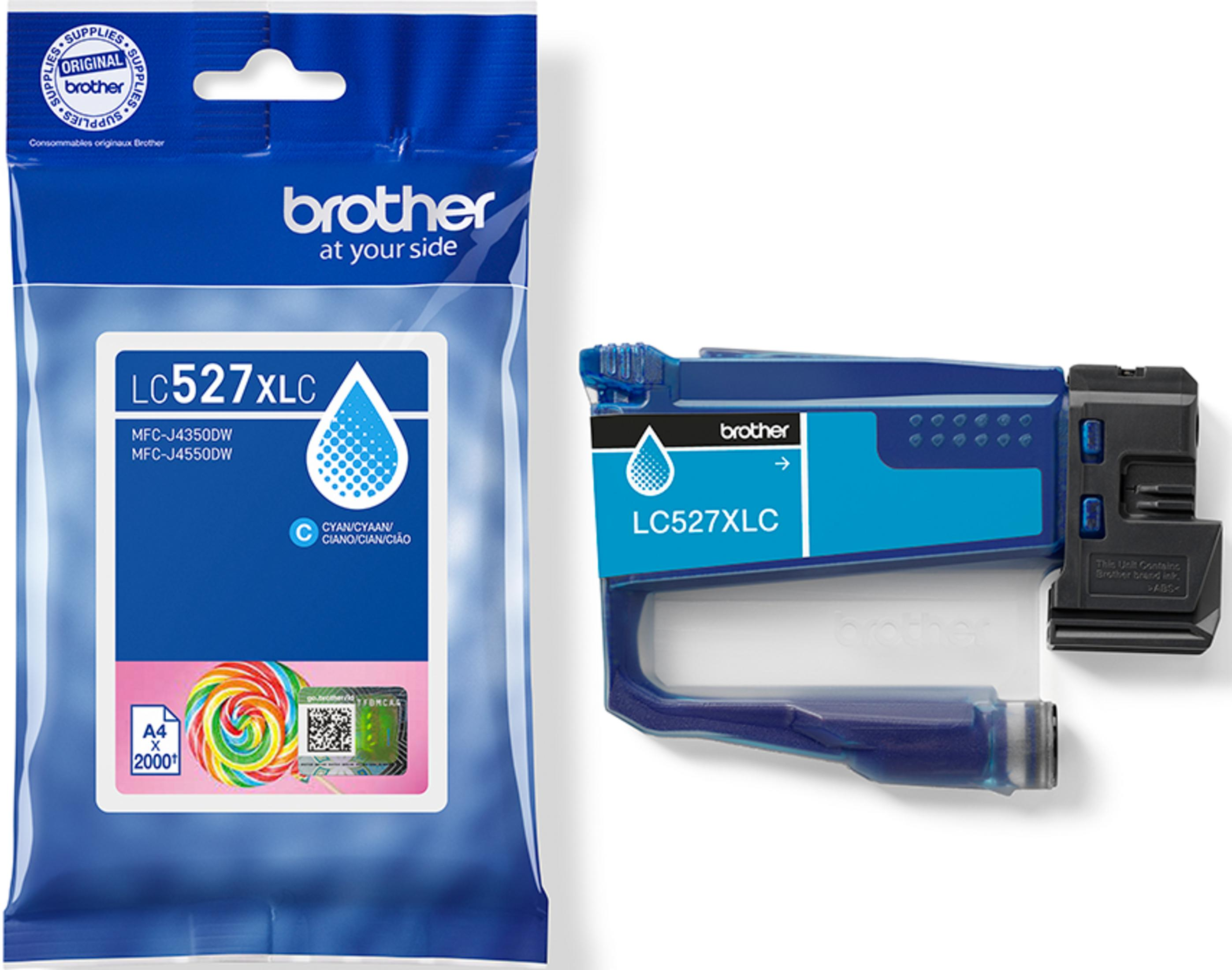 Opakowanie wkładu atramentowego Brother LC527XLC Cyan i pojedynczy wkład.