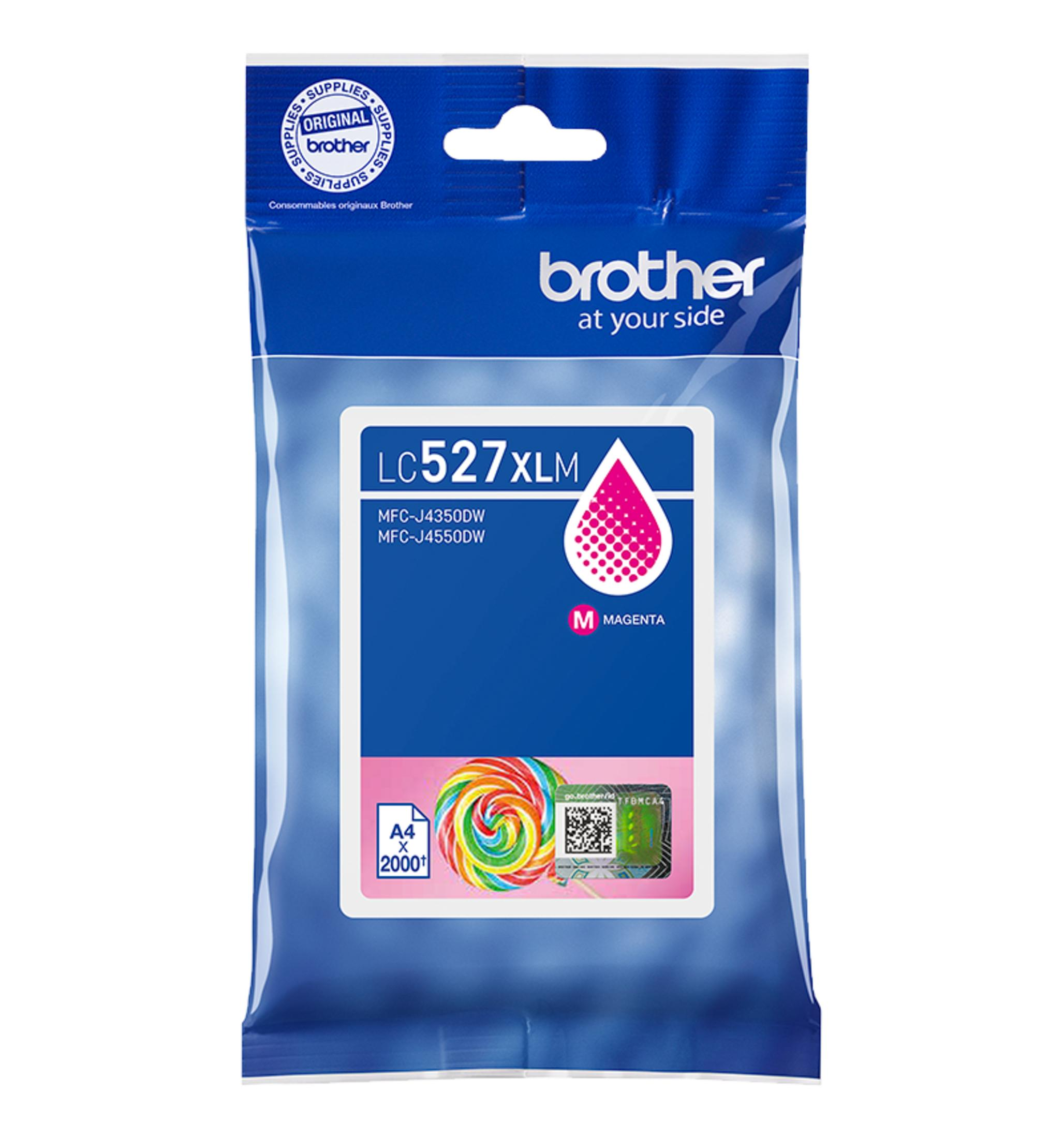 Opakowanie tuszu Brother LC527XLM Magenta z logo i otworem do zawieszenia.