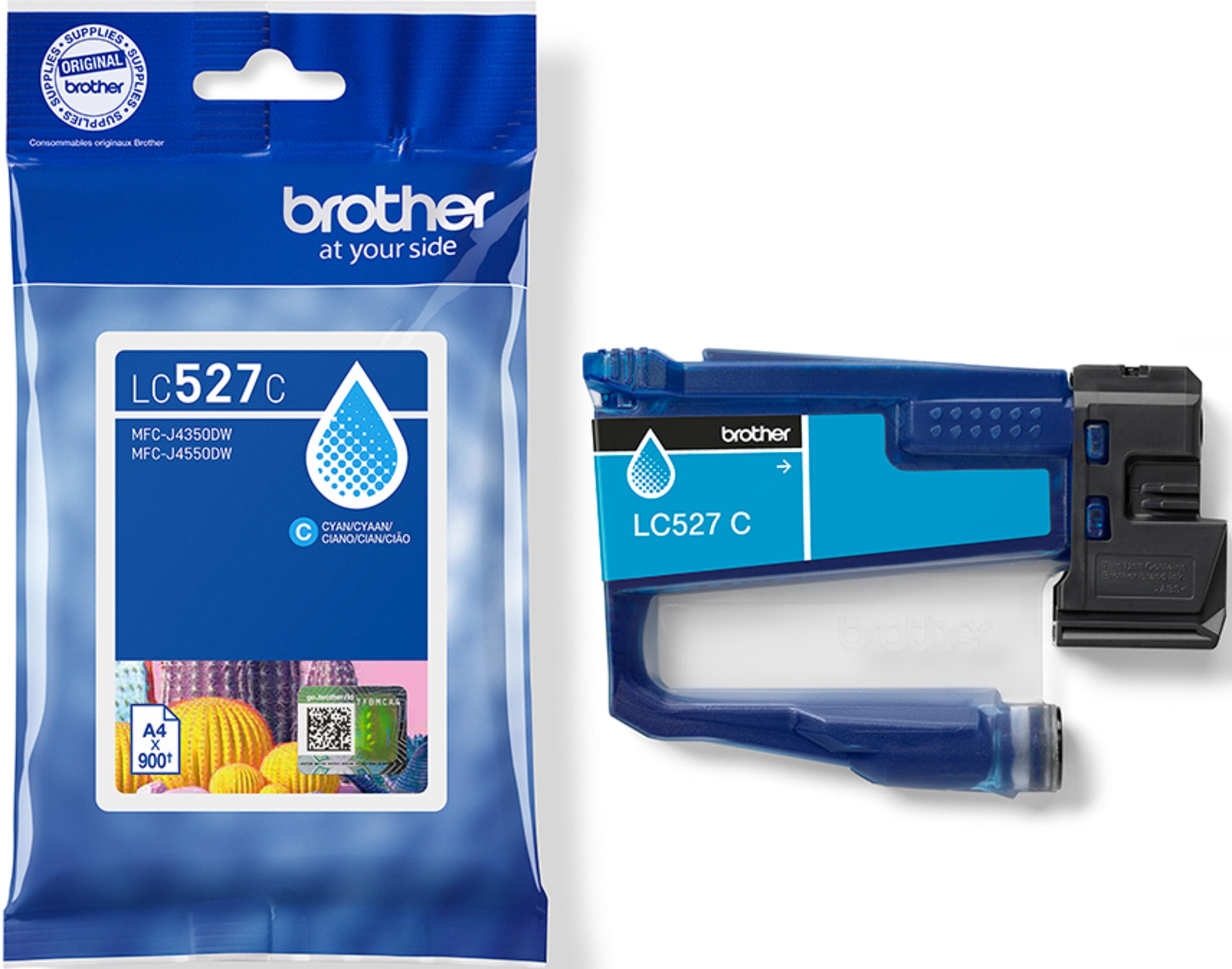 Een blauw Brother LC527C cyaan inktcartridgepakket en een losse cartridge.
