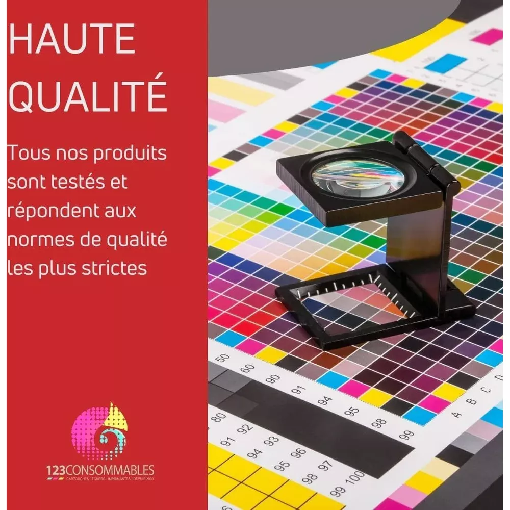 Lupa na karcie kolorów z tekstem i logo na czerwonym tle.