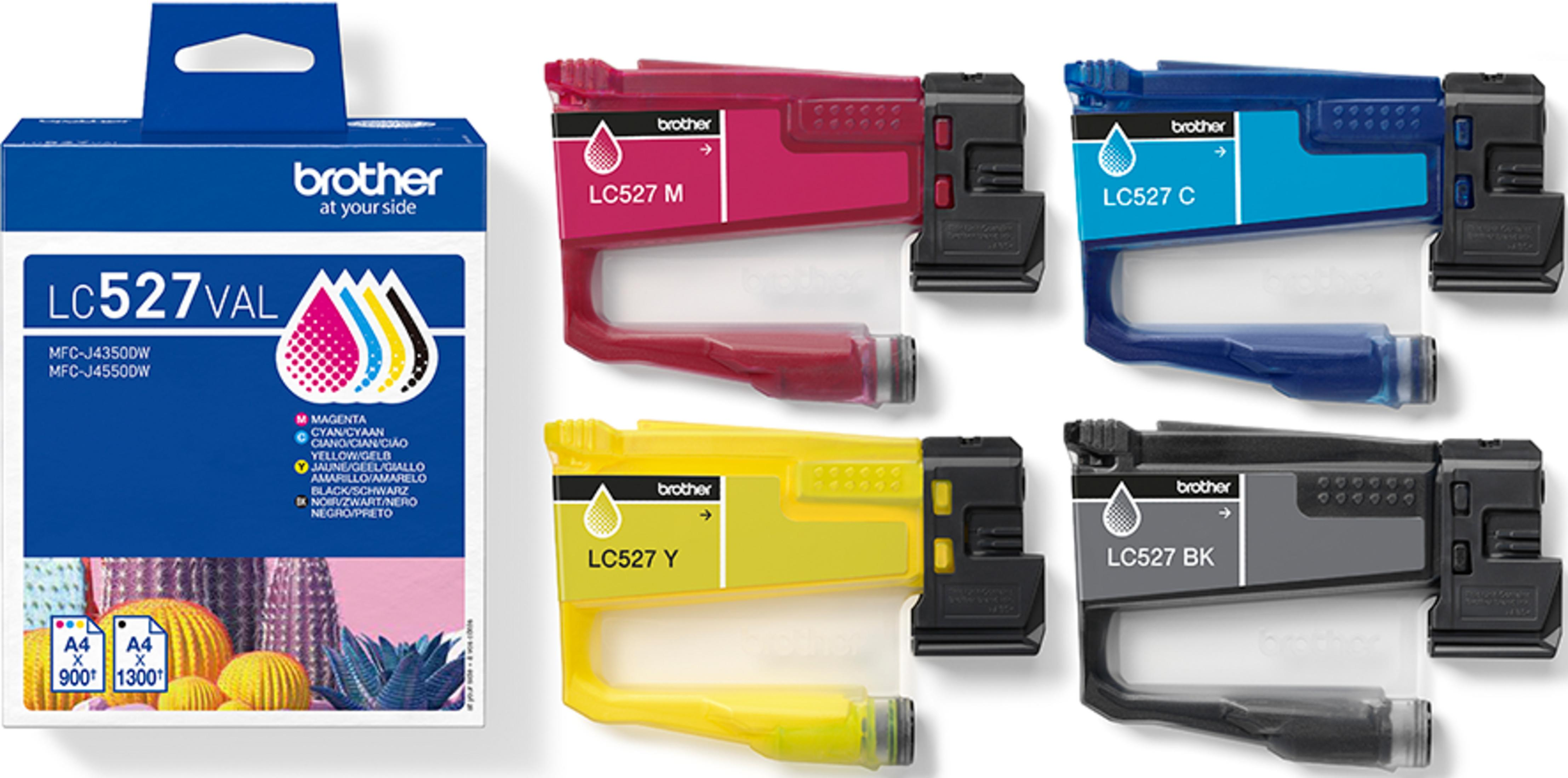 Tusze Brother LC527: Magenta, Cyan, Yellow i Black, z opakowaniem.