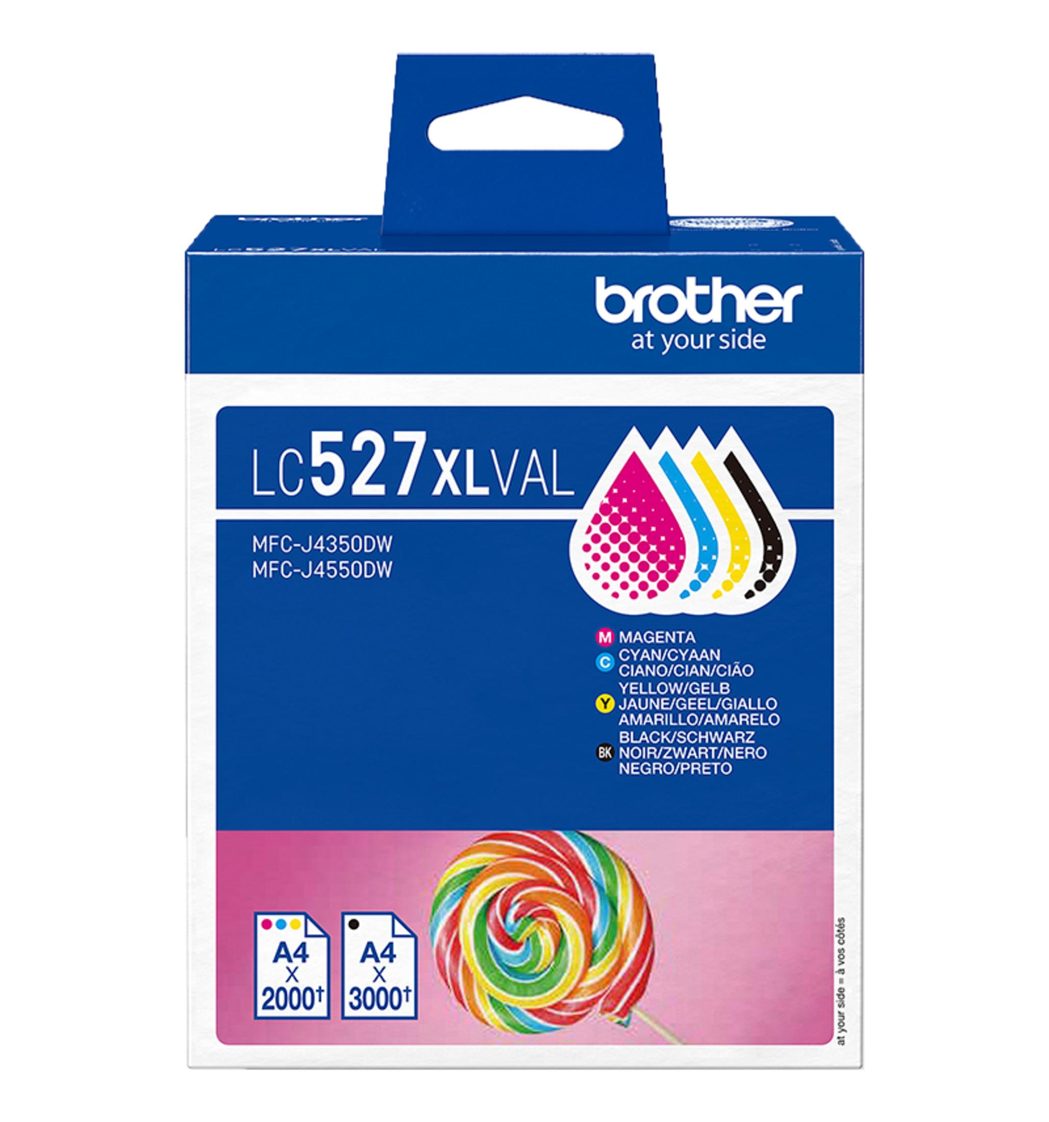 Pudełko wkładu atramentowego Brother LC527XLVAL z kolorowym lizakiem z przodu.