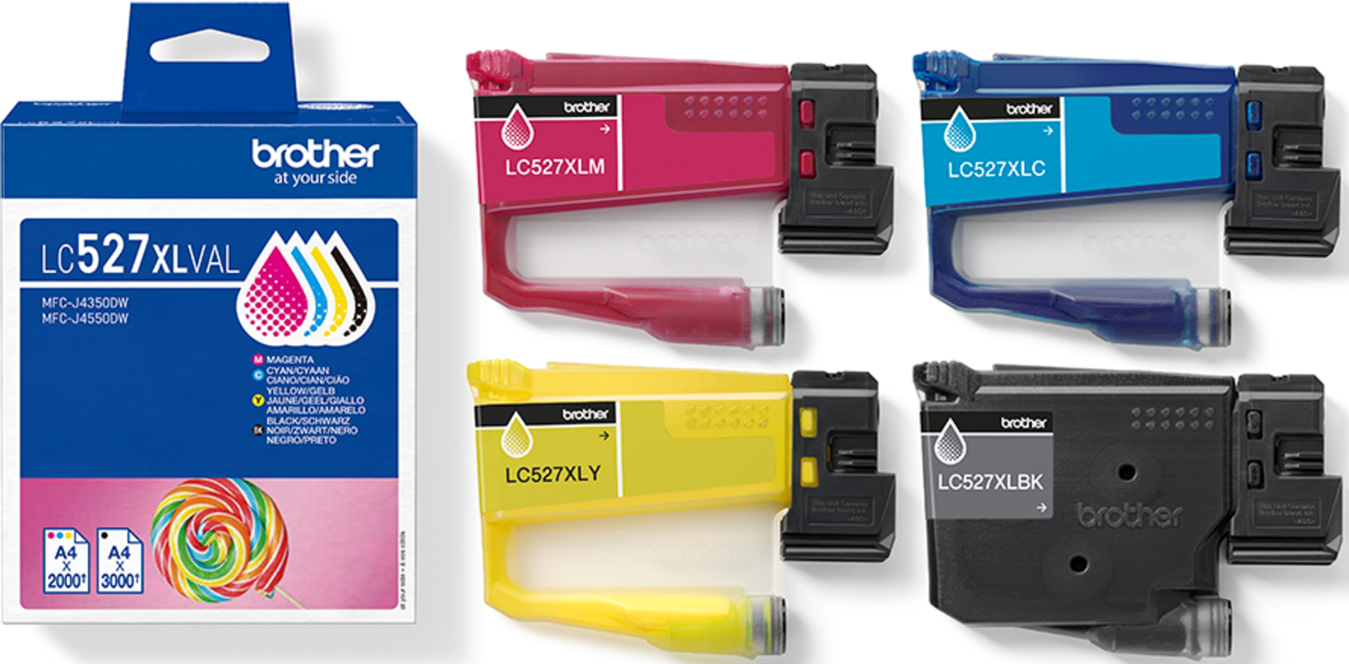 Tusze Brother LC527XL: Magenta, Cyan, Yellow, Black. Po lewej opakowanie.