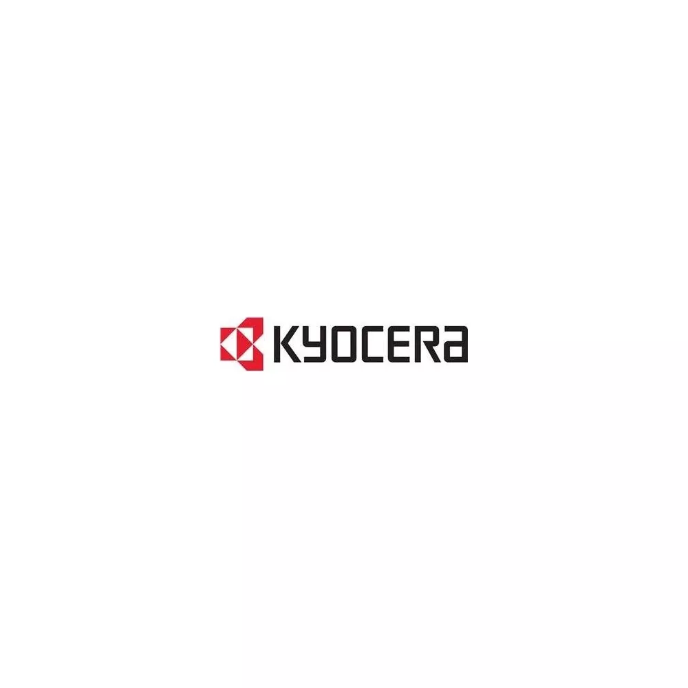 Logo Kyocera z czerwono-białymi geometrycznymi kształtami i czarnym tekstem.