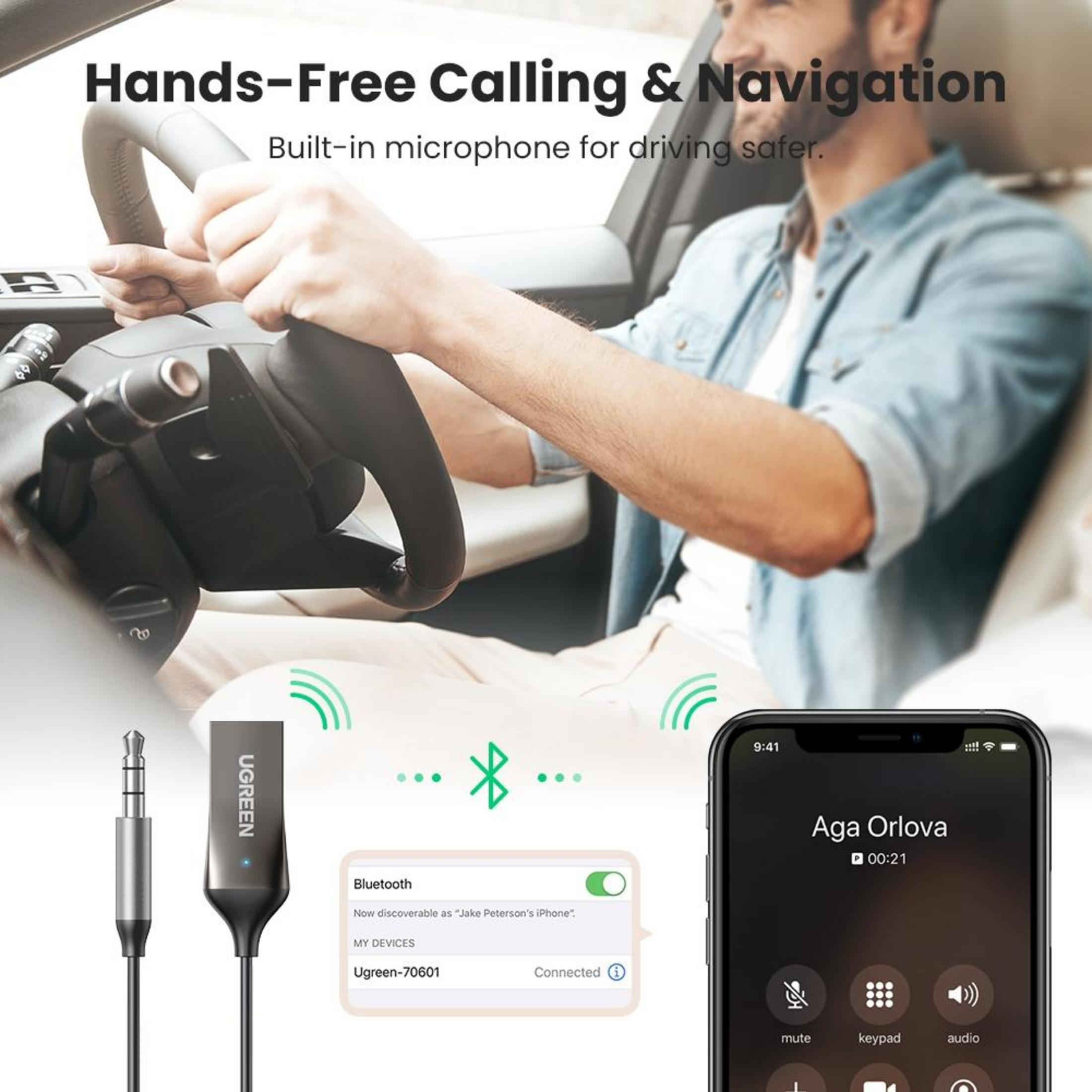 Araba süren adam, telefon görüşmesi ekranı, Bluetooth cihazı ve kablo.