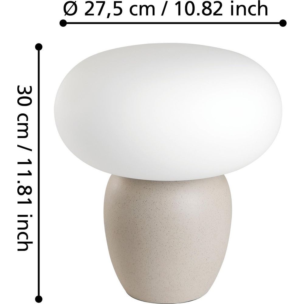 Eine weiße Pilzlampe mit einem hellbeigen Sockel. Abmessungen angegeben.