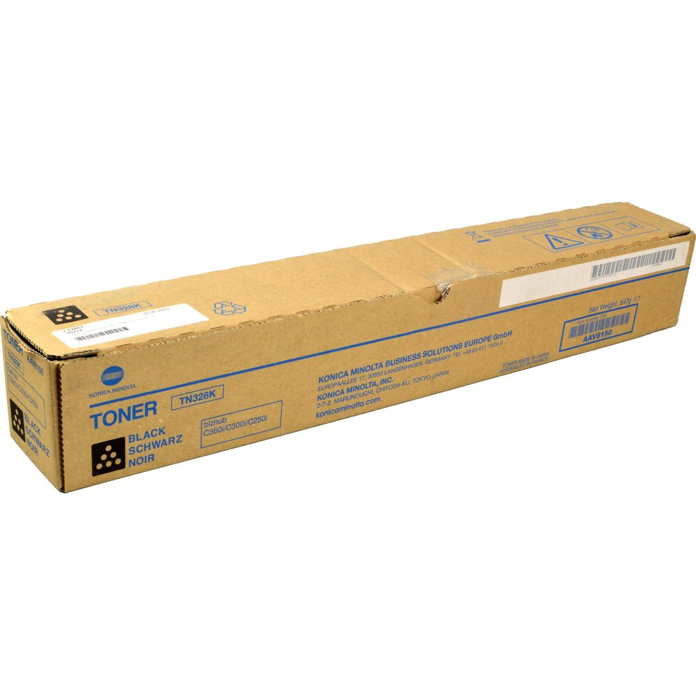 Caja de tóner Konica Minolta TN328K en negro. Incluye información de modelo y peso.
