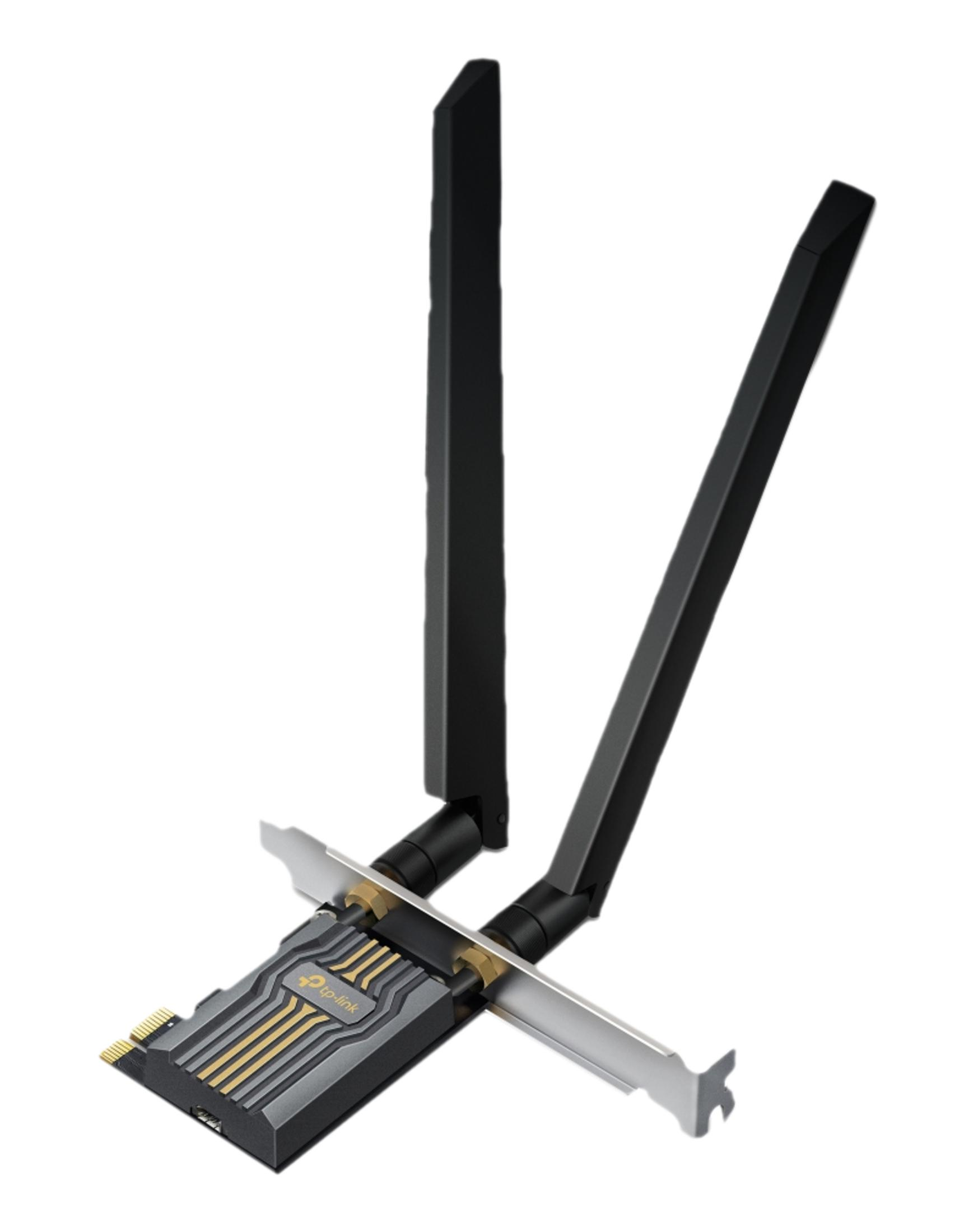 Un adattatore Wi-Fi con due antenne nere e un connettore argentato.