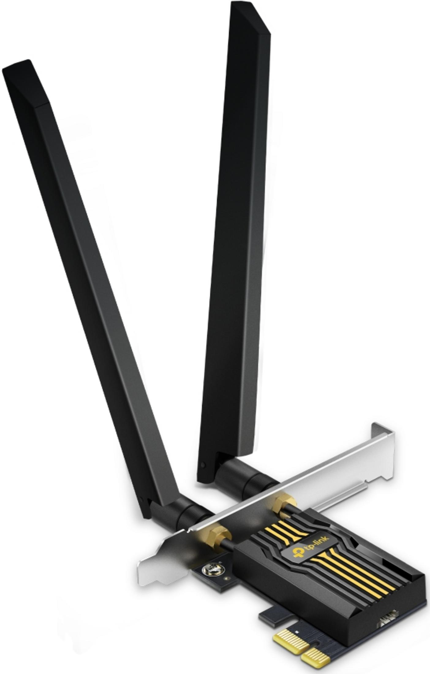 Un adattatore Wi-Fi nero con due antenne e un logo TP-Link.