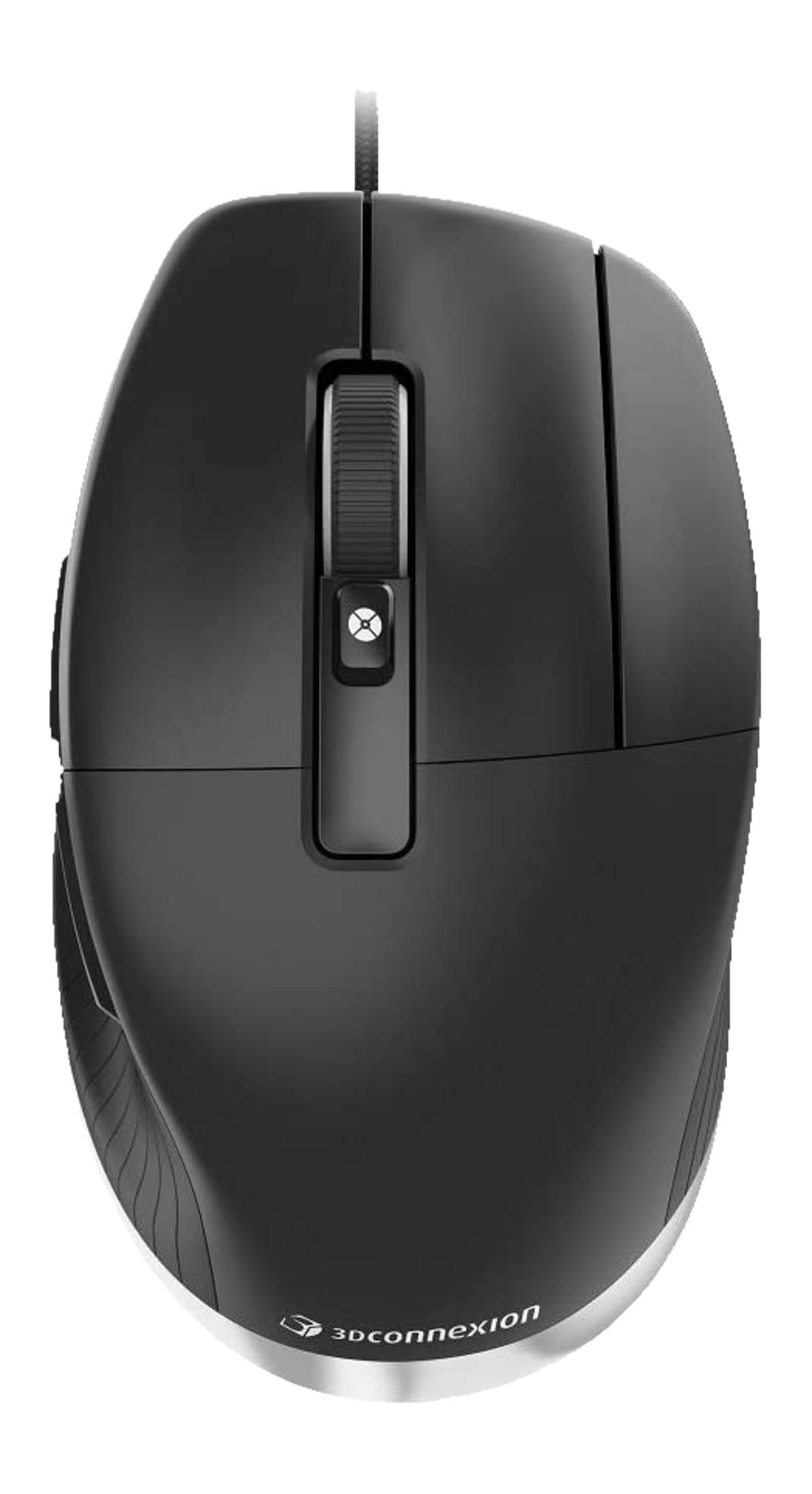 Czarna mysz 3D z srebrną podstawą i kółkiem.