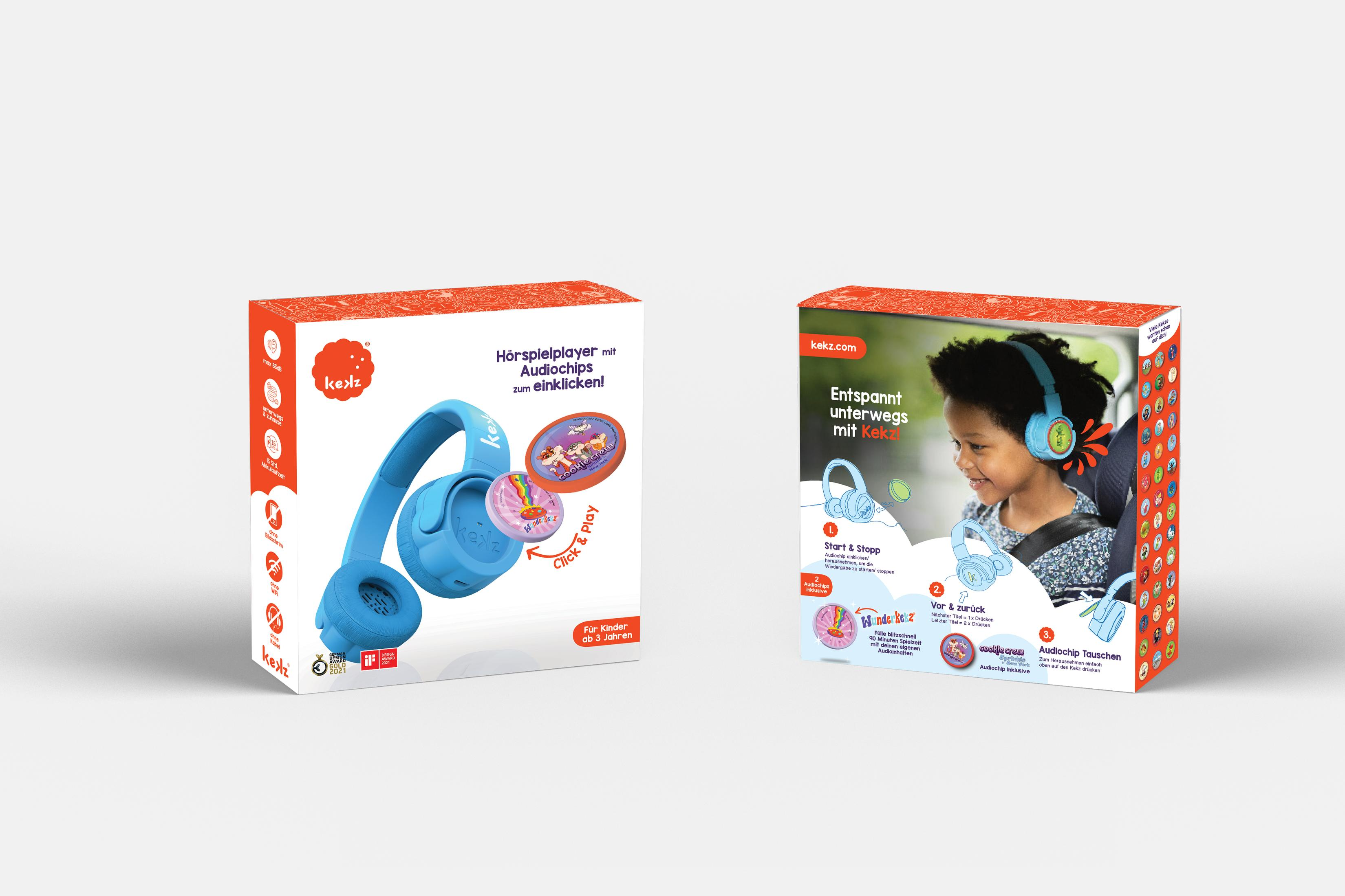 Zwei Kekz Hörspielplayer-Verpackungen. Links ein blauer Player mit Audiochips, rechts eine Packung mit einem Kind.