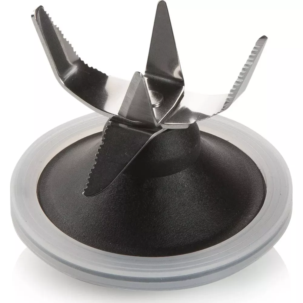 Lame metalliche affilate e seghettate che sporgono da una base nera con anello trasparente.