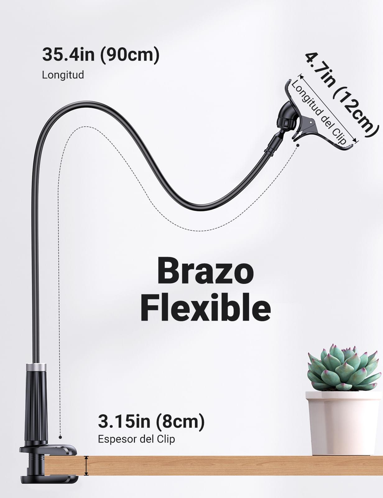 Elastyczne ramię z zaciskiem, 90cm długości, na powierzchnie 8cm.