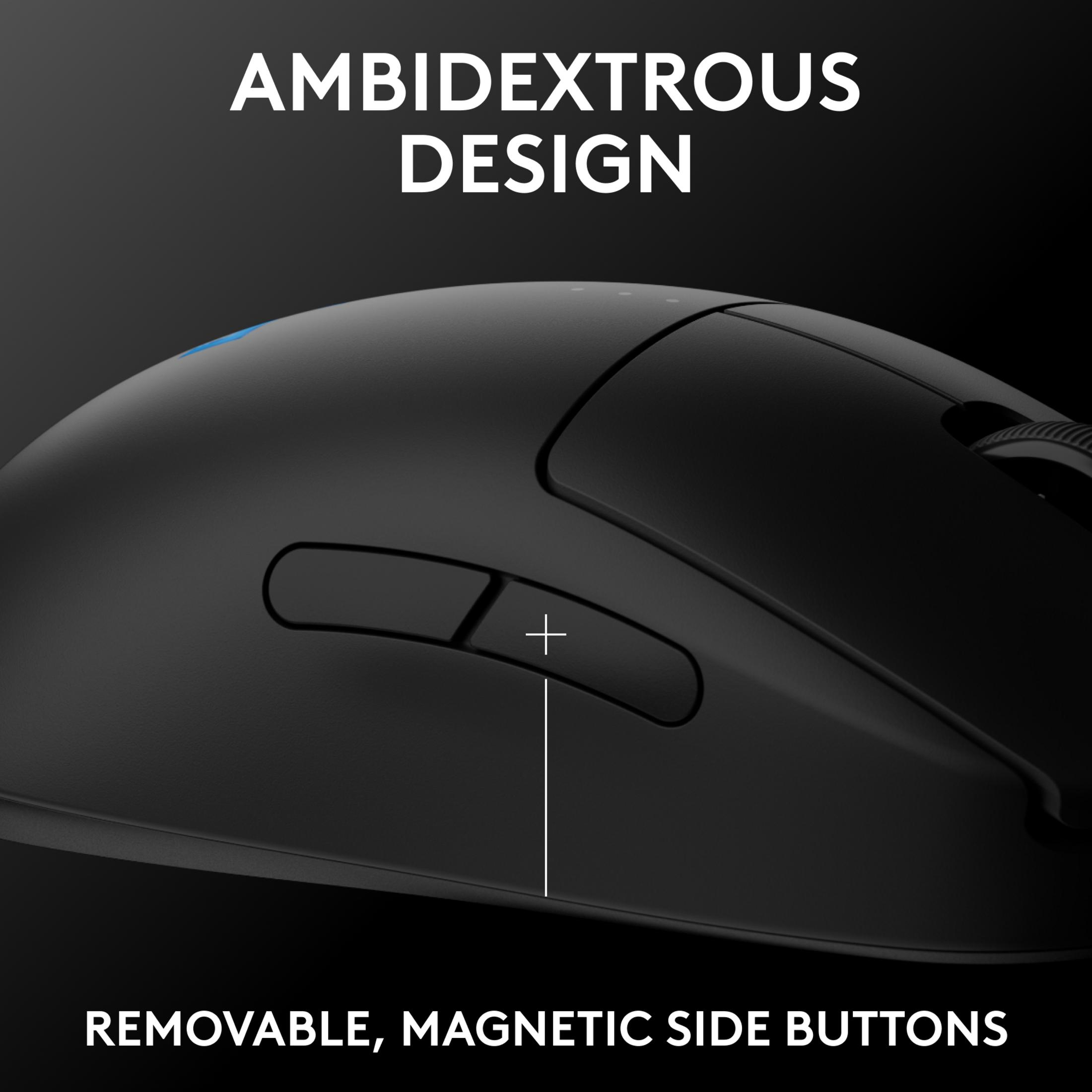 Zwarte muis met "AMBIDEXTROUS DESIGN" en "REMOVABLE, MAGNETIC SIDE BUTTONS".