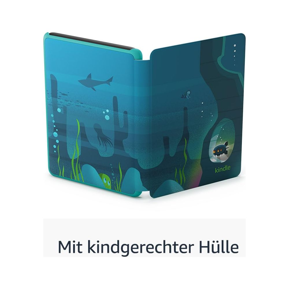 Ein Kindle-Gerät mit einer Hülle, die eine Unterwasser-Szene mit Korallen und Fischen zeigt.