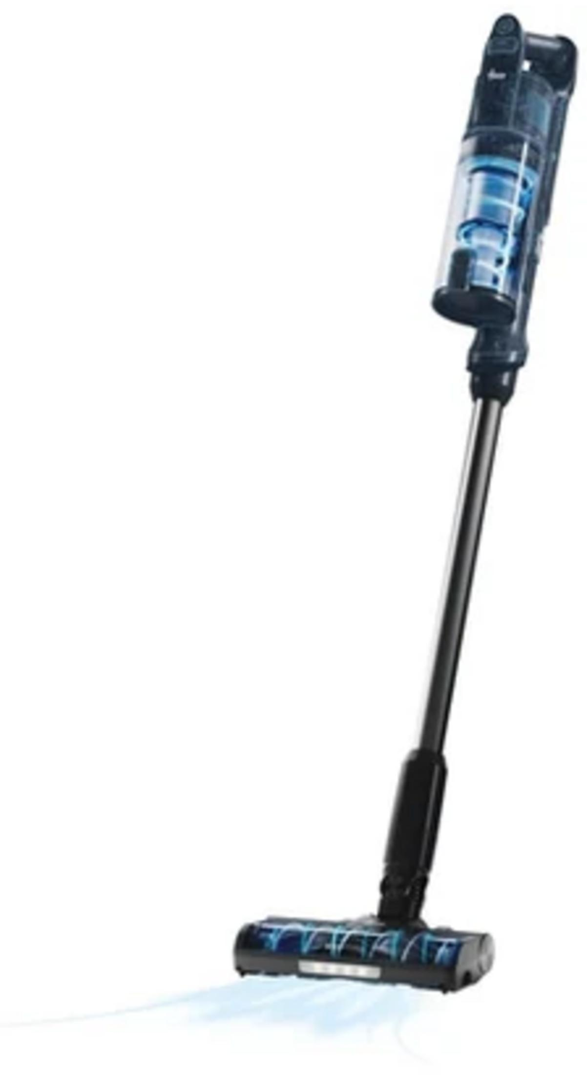Un aspirapolvere elegante e moderno con contenitore trasparente e accenti blu.