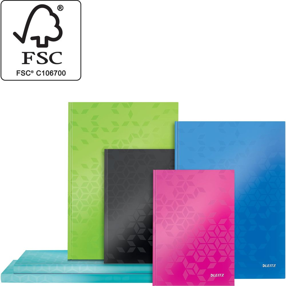 Vier Leitz-Ordner in Grün, Schwarz, Rosa und Blau mit geometrischem Muster.