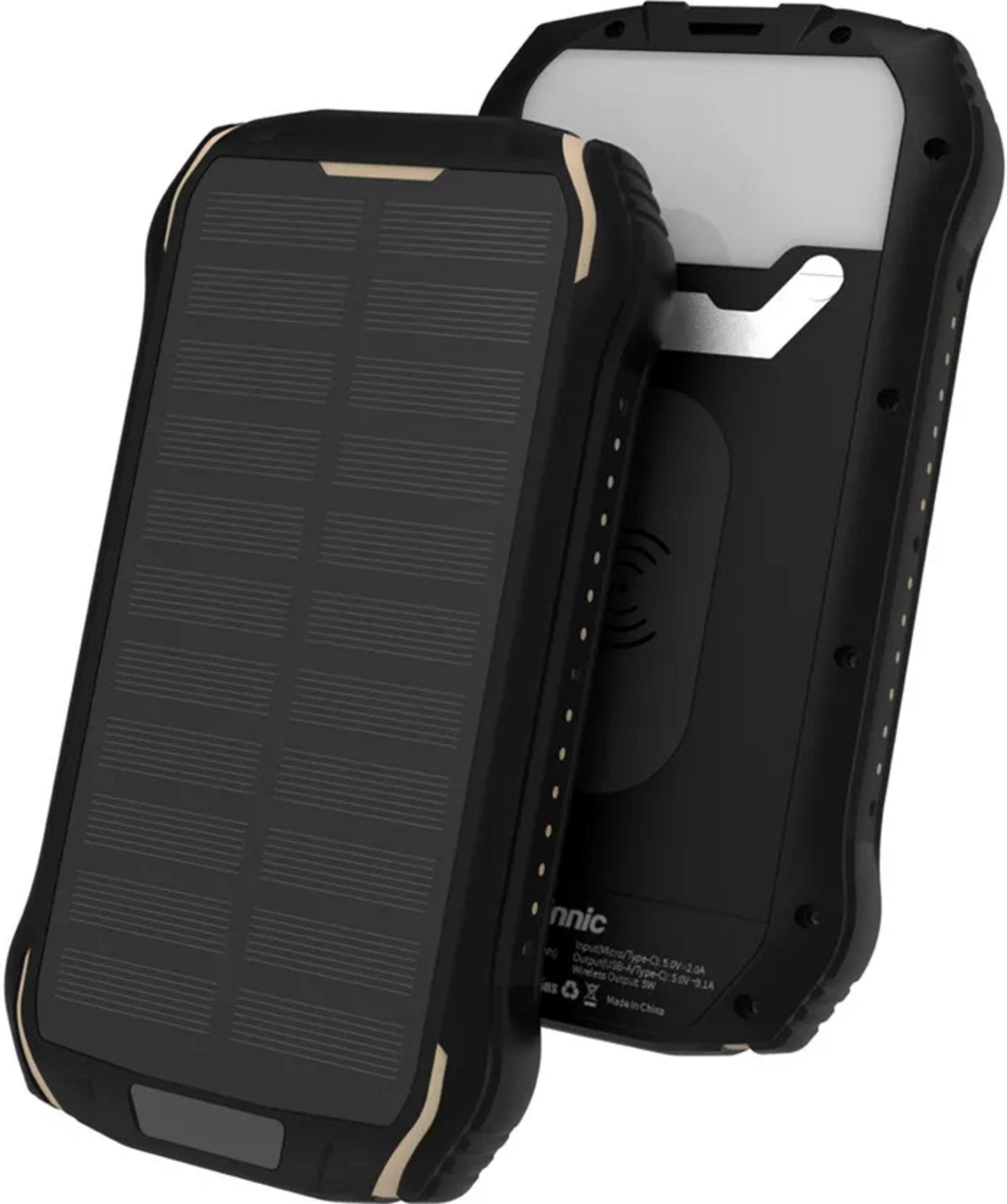 Batterie externe noire avec panneau solaire et voyants lumineux.