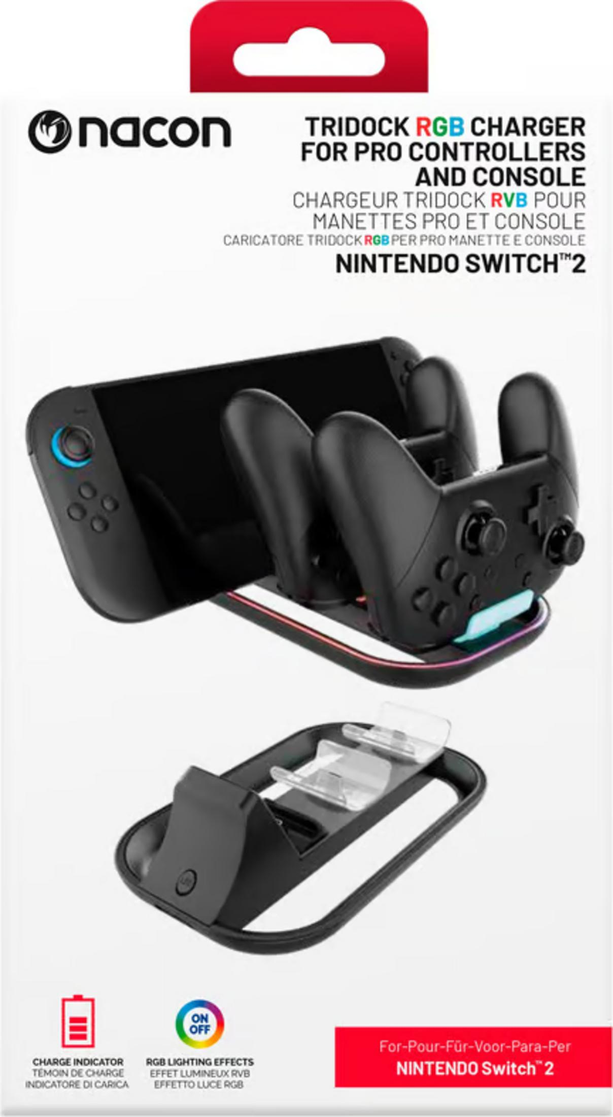 Caricatore Nacon Tridock RGB con Nintendo Switch e controller.