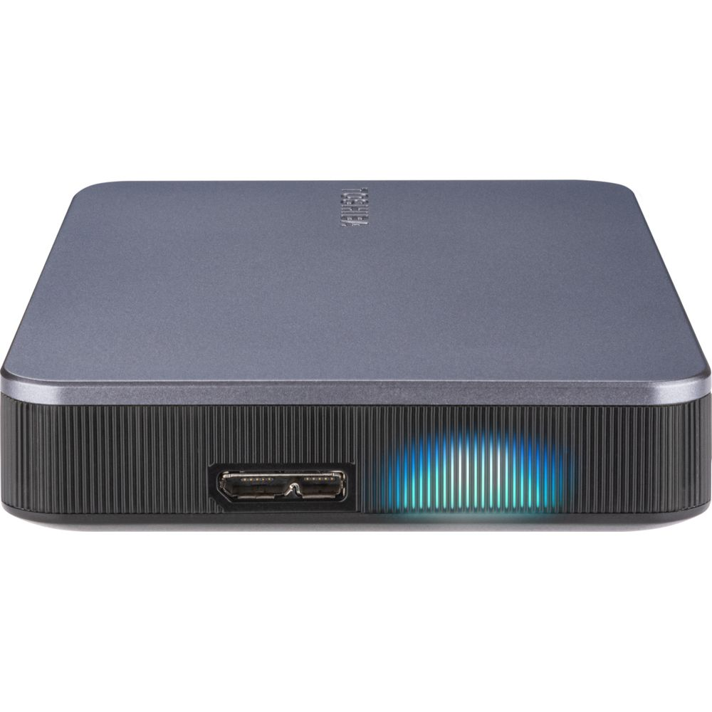 Gray external hard drive case with USB-C port and blue LED light.