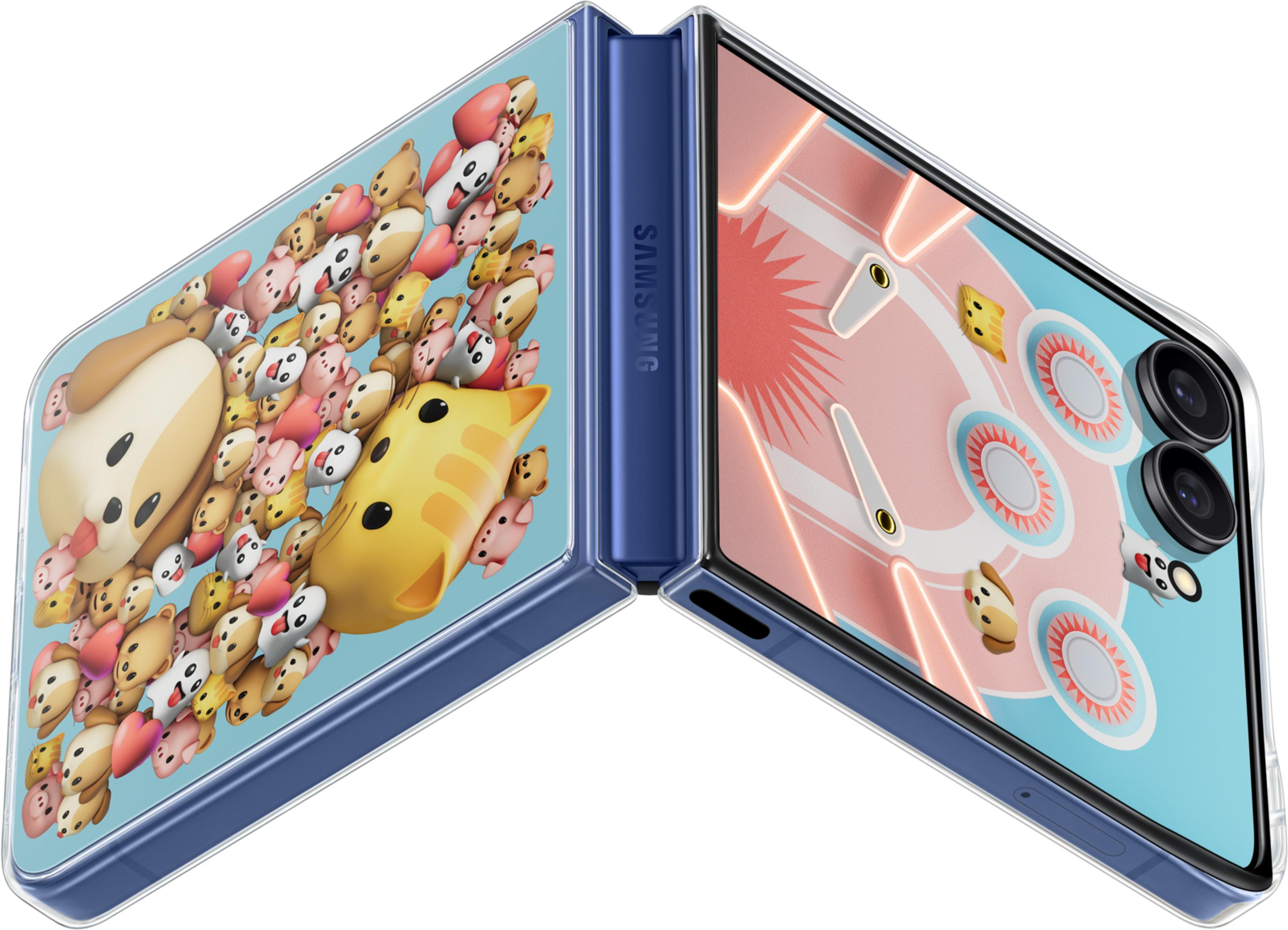 Un telefono pieghevole blu con simpatici personaggi dei cartoni animati sullo schermo sinistro e un'interfaccia di gioco a destra.