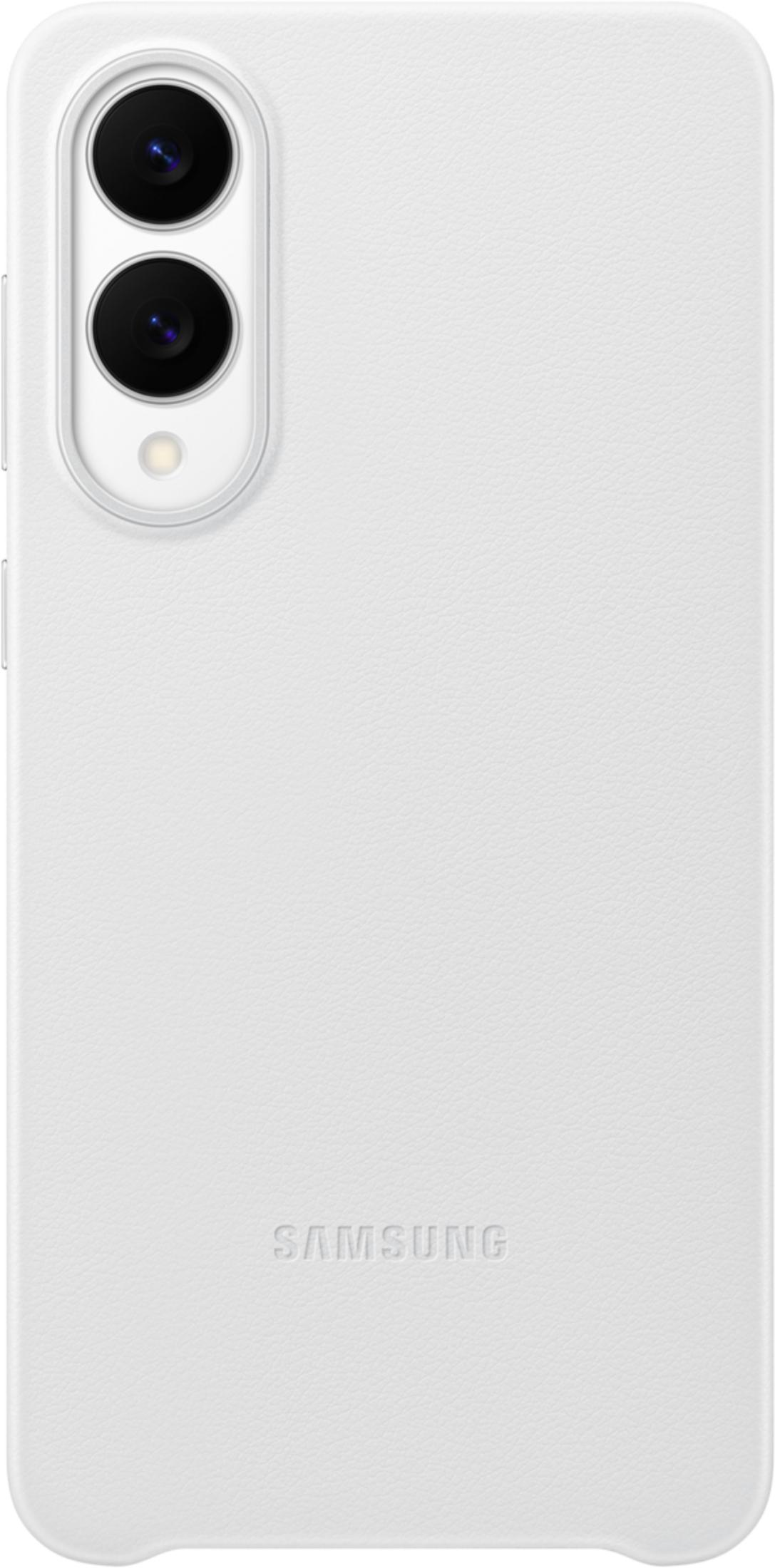Weiße Handyhülle mit zwei Kameralinsen und Blitz. Samsung-Logo unten.