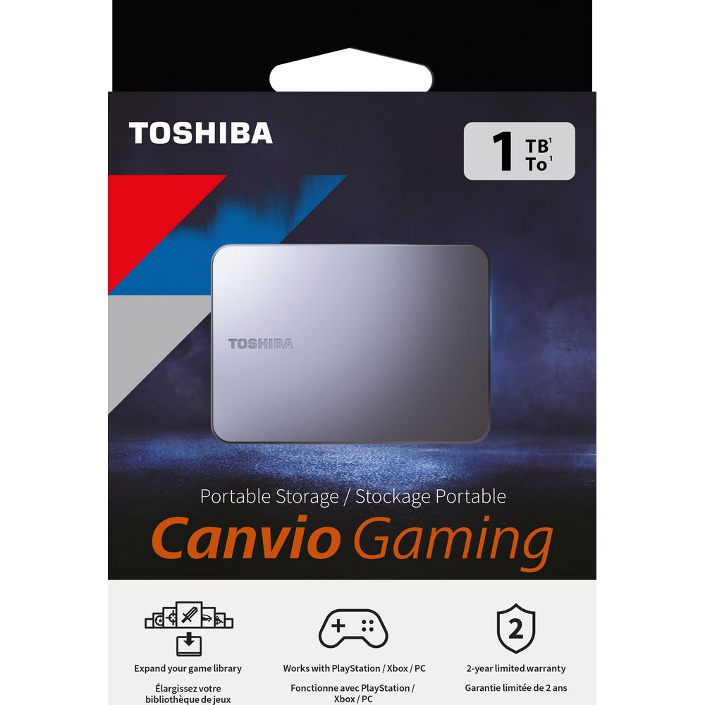 Zewnętrzny dysk Toshiba Canvio Gaming, 1TB, srebrny, z ikonami gier, kontrolera, gwarancji.